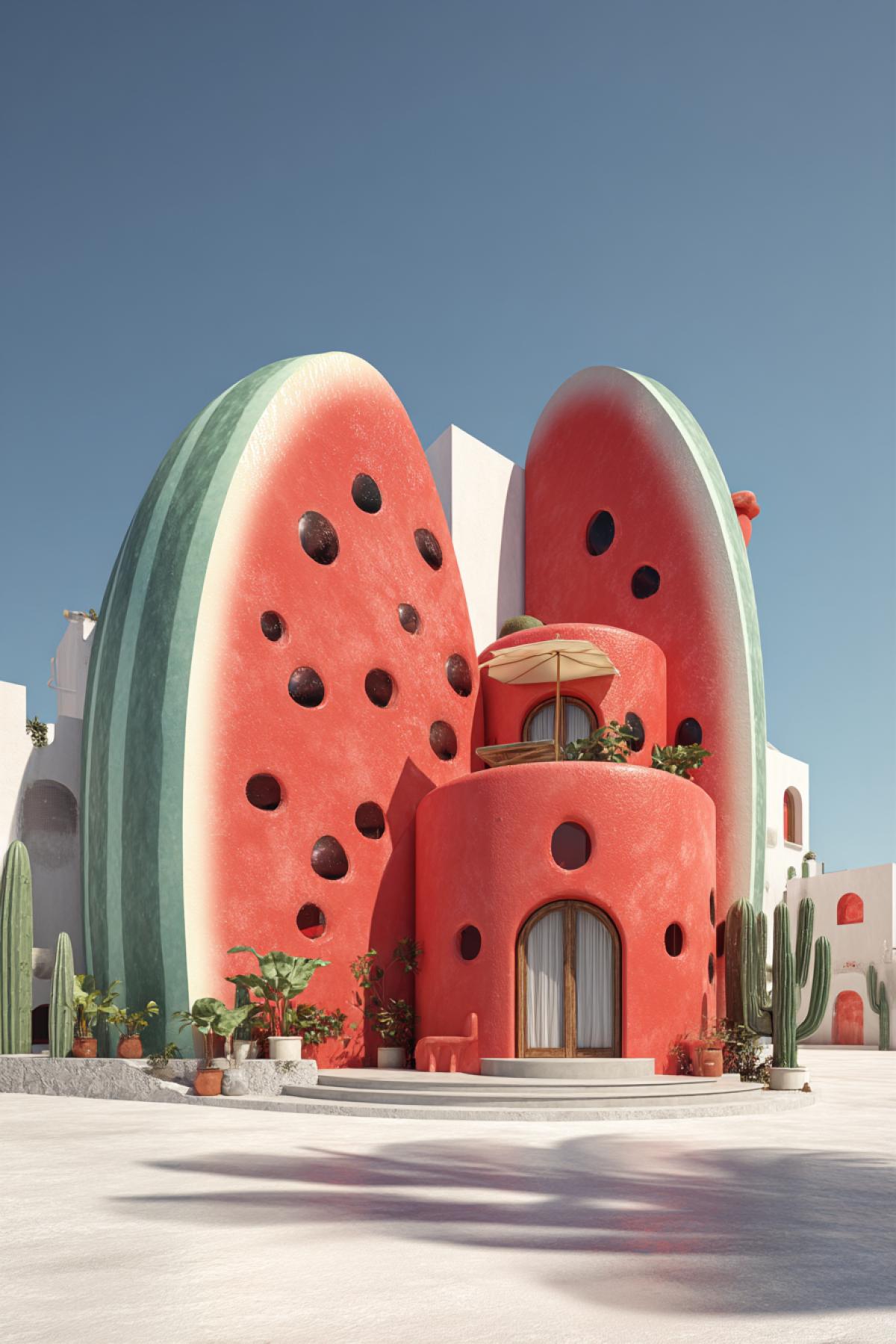 5. Watermelon slice-shaped building, realistic red interior with dark seed-shaped windows, green striped outer walls mimicking rind, high-gloss texture, set in a sunny Mediterranean landscape, ultra-detailed, playful but elegant architecture