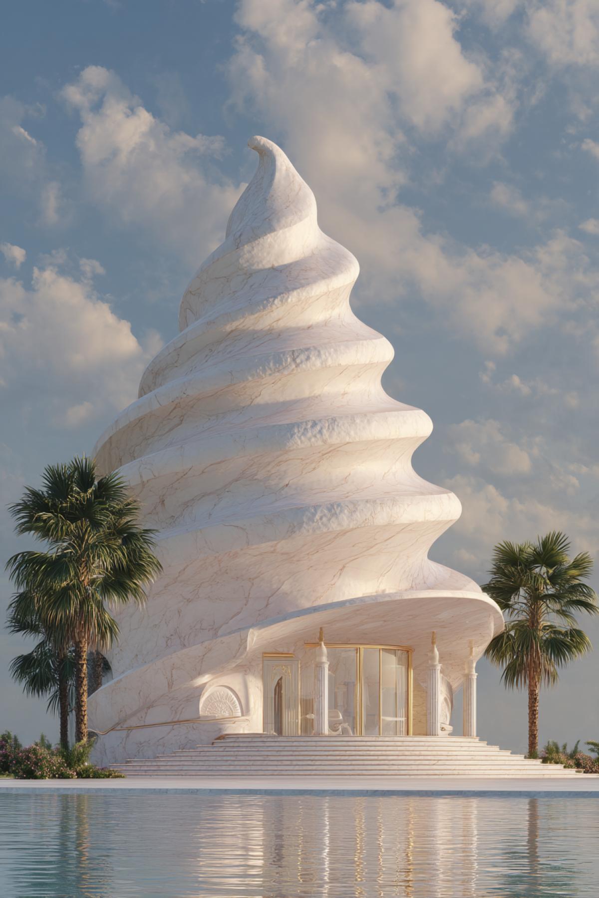 2. Grand seaside building shaped like an ice cream swirl, realistic white marble and pale pink stone facade, spiraling roof like soft-serve, elegant entrance with creamy detail, palm trees around, sunlight reflections on water nearby