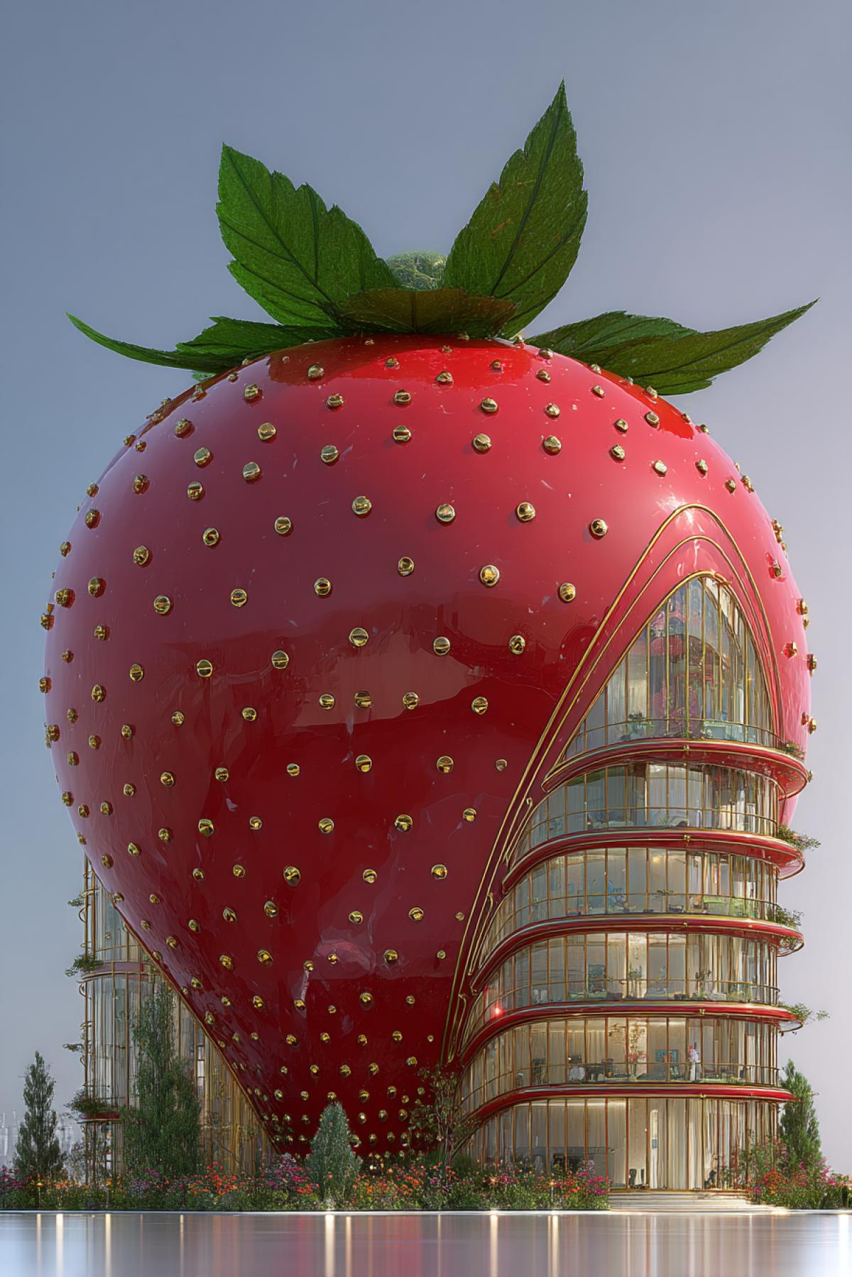 luxury architectural building shaped like a big strawberry, glossy red surface with small golden seeds, green leafy crown as the rooftop, elegant glass balconies wrapped around the sides, set in a vibrant summer landscape, whimsical yet refined, ultra-detailed and realistic