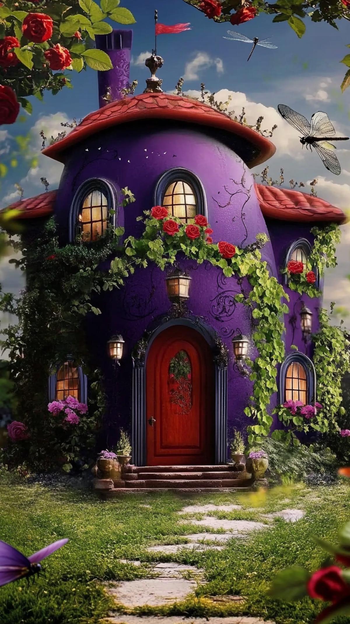 An adorable eggplant mansion with windows and a door decorated with climbing roses, a covered porch and a chimney. The house is surrounded by a courtyard with lush green grass and fluttering dragonflies.