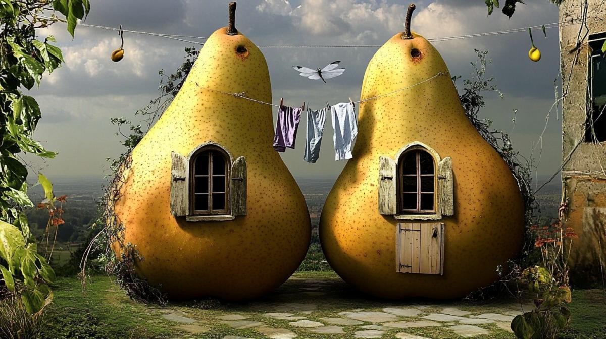 Quaint houses made of two lying pears, with windows and a door. Between them is a clothesline on which laundry is dried. The house is surrounded by a courtyard with lush green grass and fluttering dragonflies.