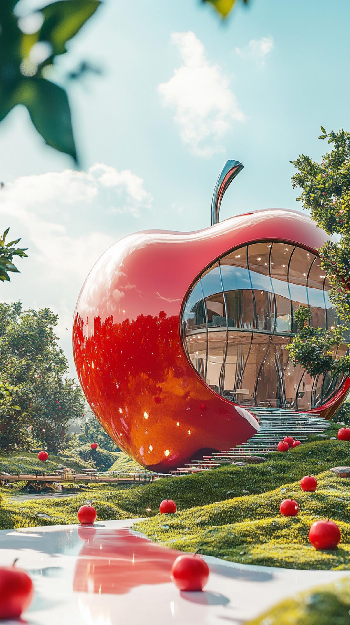 A luxurious architectural building in the shape of a big apple, glossy red surface, elegant glass loggias on the sides, located on a bright summer landscape, whimsical but exquisite, super detailed and realistic. Against the background of heeled hills with small scattered apples, sparkling like jewels