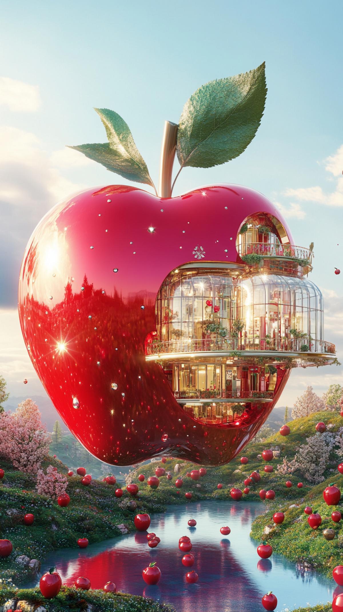 A luxurious architectural building in the shape of a big apple, glossy red surface, elegant glass loggias on the sides, located on a bright summer landscape, whimsical but exquisite, super detailed and realistic. Against the background of heeled hills with small scattered apples, sparkling like jewels