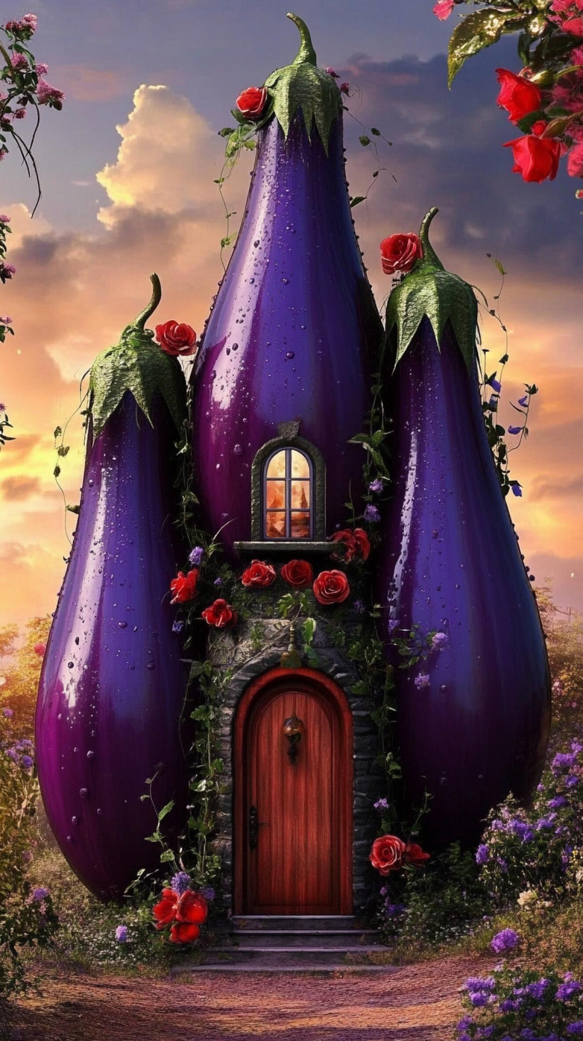 Whimsical and luxurious architectural building in the shape of big three eggplants, glossy purple surface, window, attached door entwined with climbing rose. located on a bright summer landscape, whimsical but exquisite, hyper-detailed and realistic.