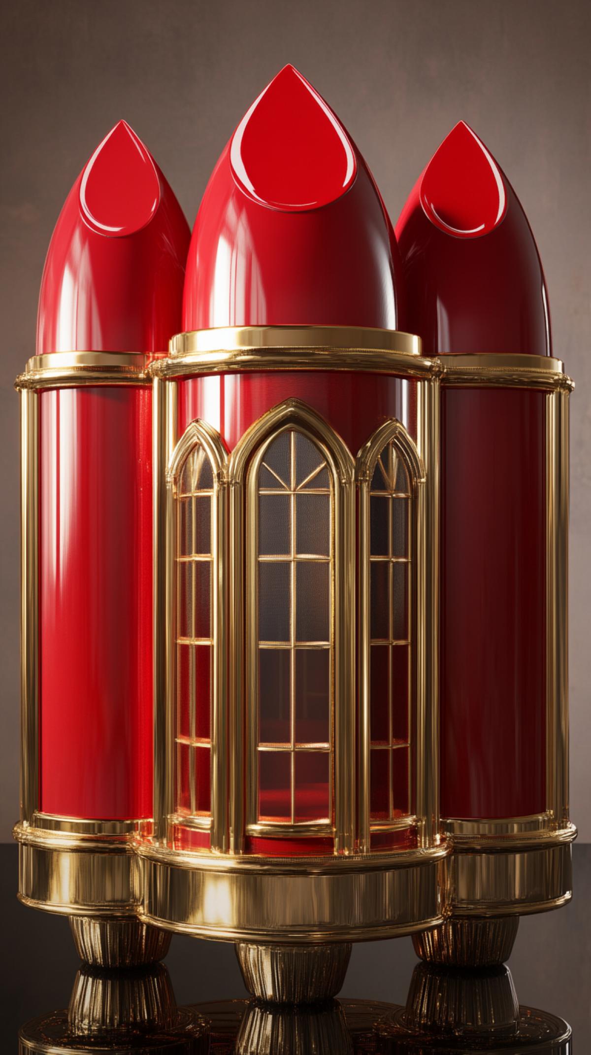 A bizarre and luxurious architectural structure in the shape of three big red lipsticks with gold trim, glossy red surface, window, gilded door, located on a reflective surface, fashion tool, but exquisite, hyper-detailed and realistic.