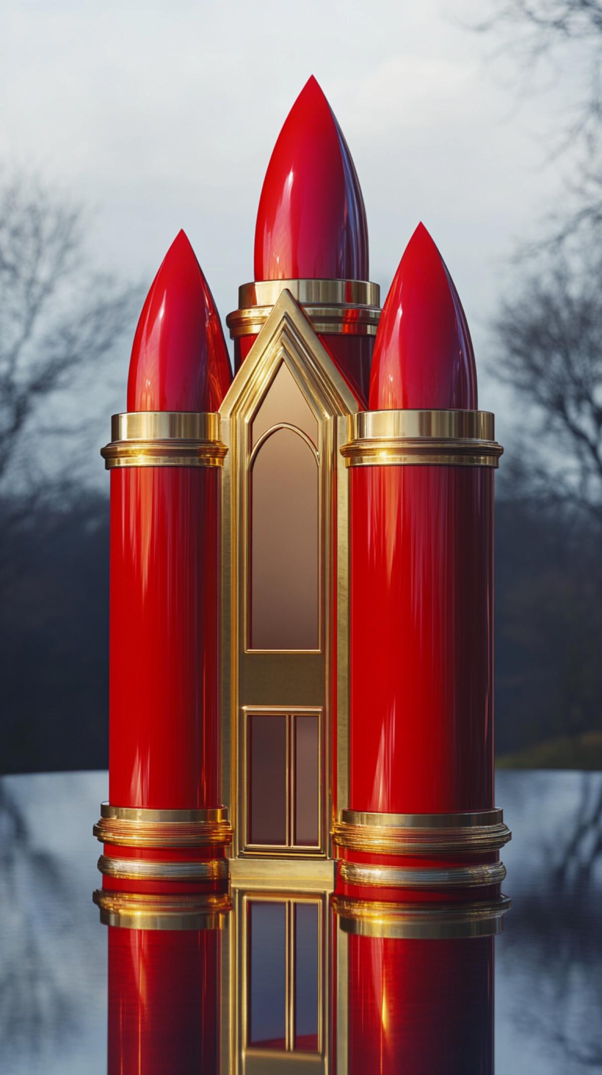 A bizarre and luxurious architectural structure in the shape of three big red lipsticks with gold trim, glossy red surface, window, gilded door, located on a reflective surface, fashion tool, but exquisite, hyper-detailed and realistic.