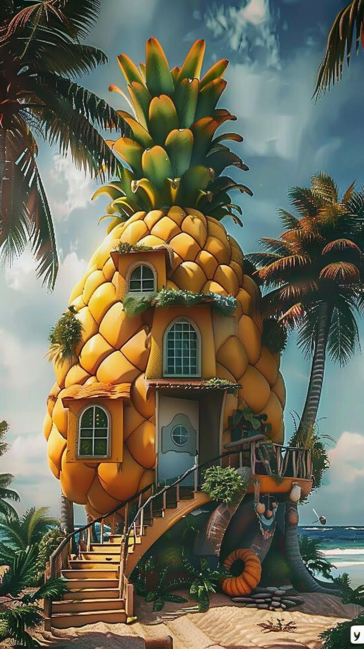 A fairytale house in the form of pineapple, with windows, steps, palm trees, sea on the background. Photo of high quality. Bright, cinematic