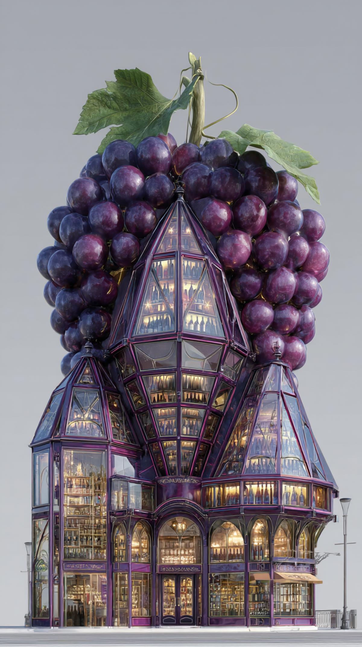 premium wine shop in the form of a bunch of grapes, the building in the form of a bunch of grapes is made entirely of glass, there are bottles of wine in the windows, ultra realism, fantasy, Photoshop. high detail.