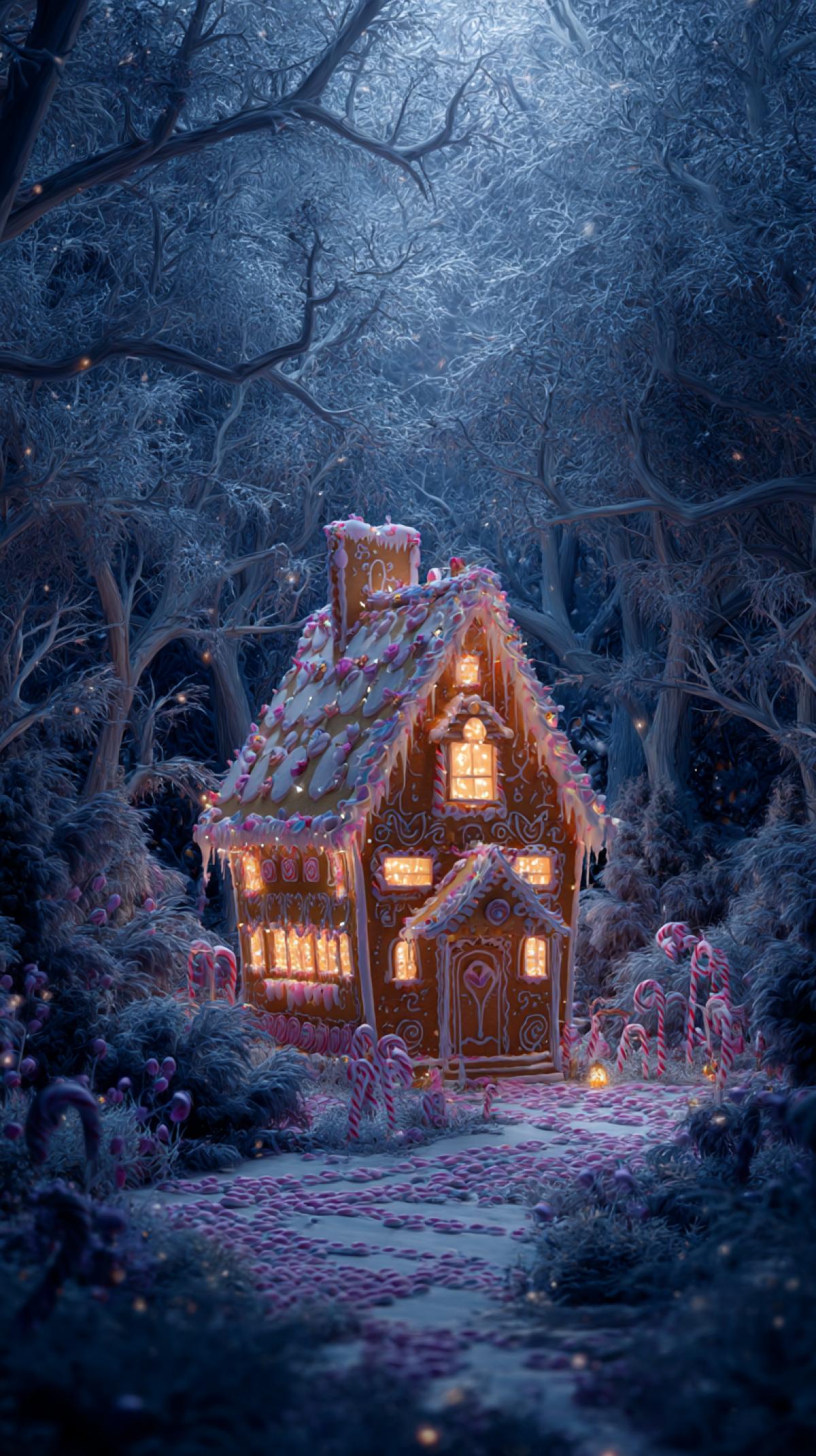 a house in a winter fairy forest, a gingerbread house, a gingerbread house, twinkling Christmas lights on the house, glaze, ultra realism, fantasy, Photoshop. high detail.