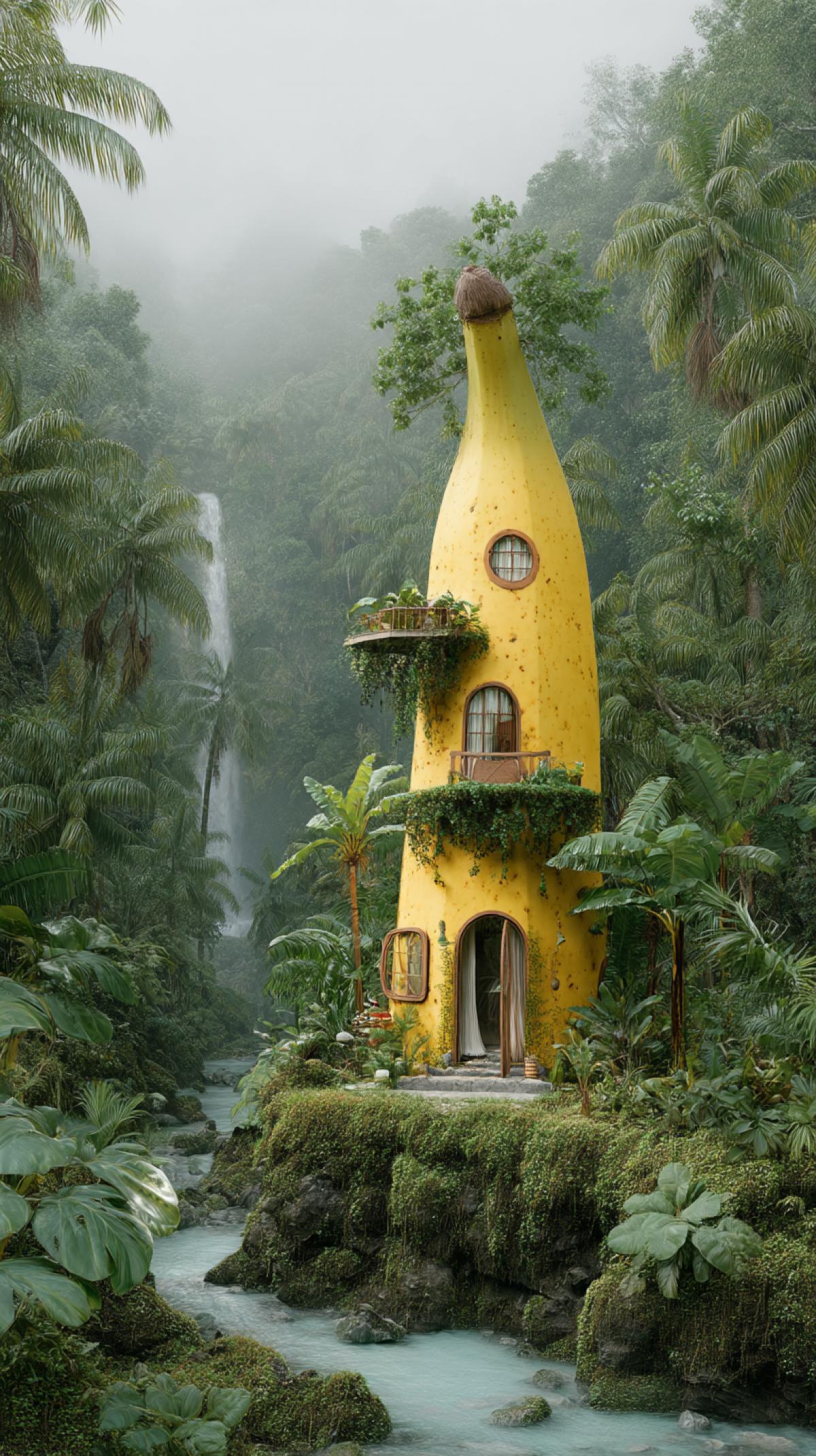 house in the Jungle, house in the form of a banana, ultrarealism, fantasy, Photoshop. high detail.