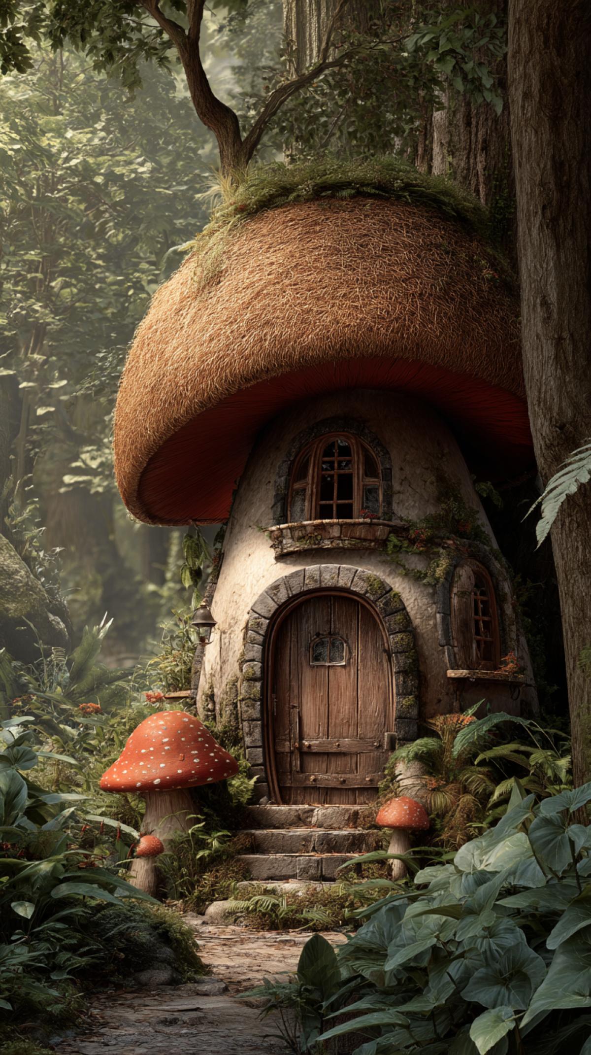 house in the forest for fairies, mushroom house, ultrarealism, fantasy, Photoshop. high detail.