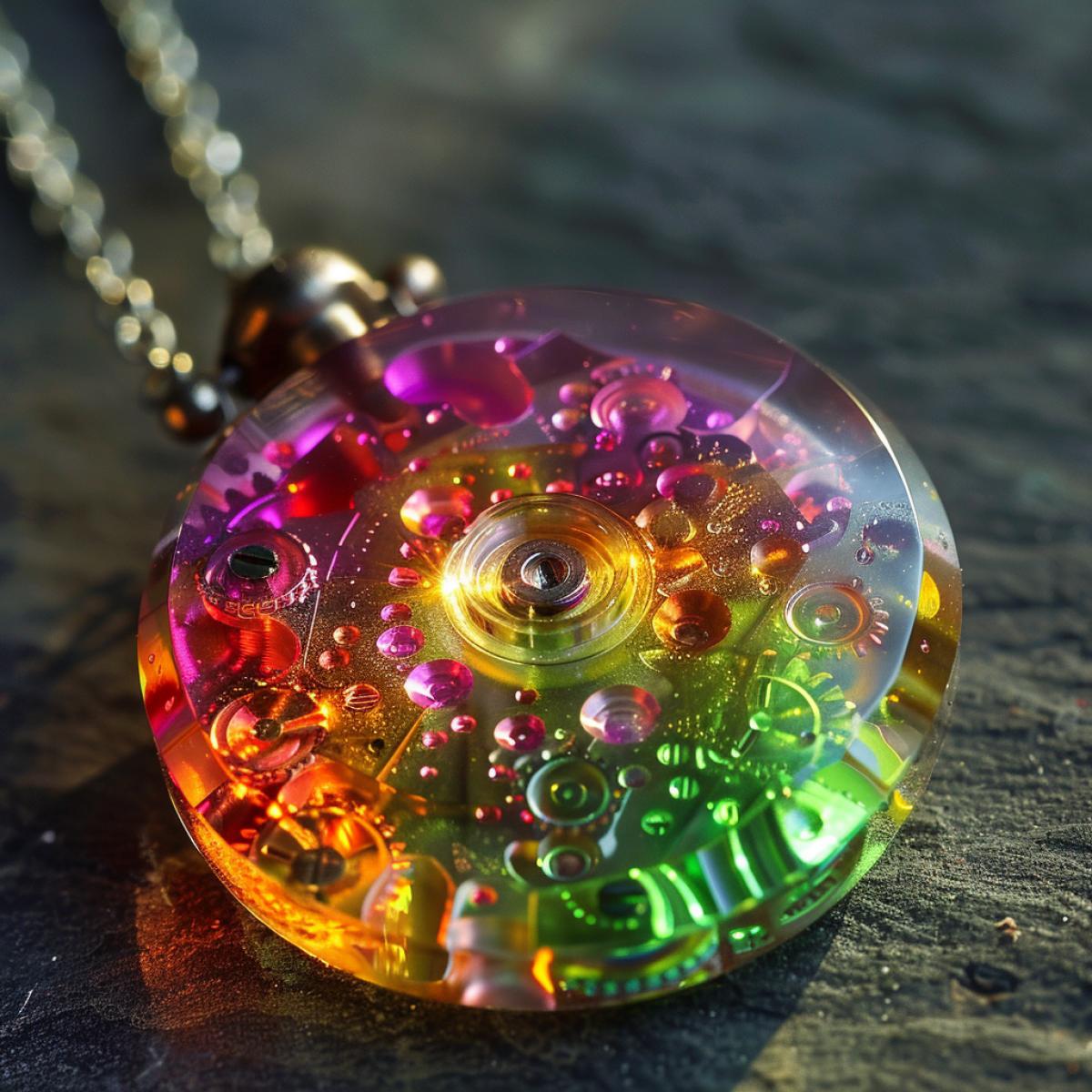 Medallion in the form of tesseracts, from fiery yellow purple-green-red spare parts of watches, gears, springs, in a transparent epoxy resin, with a chain, professional photo, beautifully, realistically glow, magical light