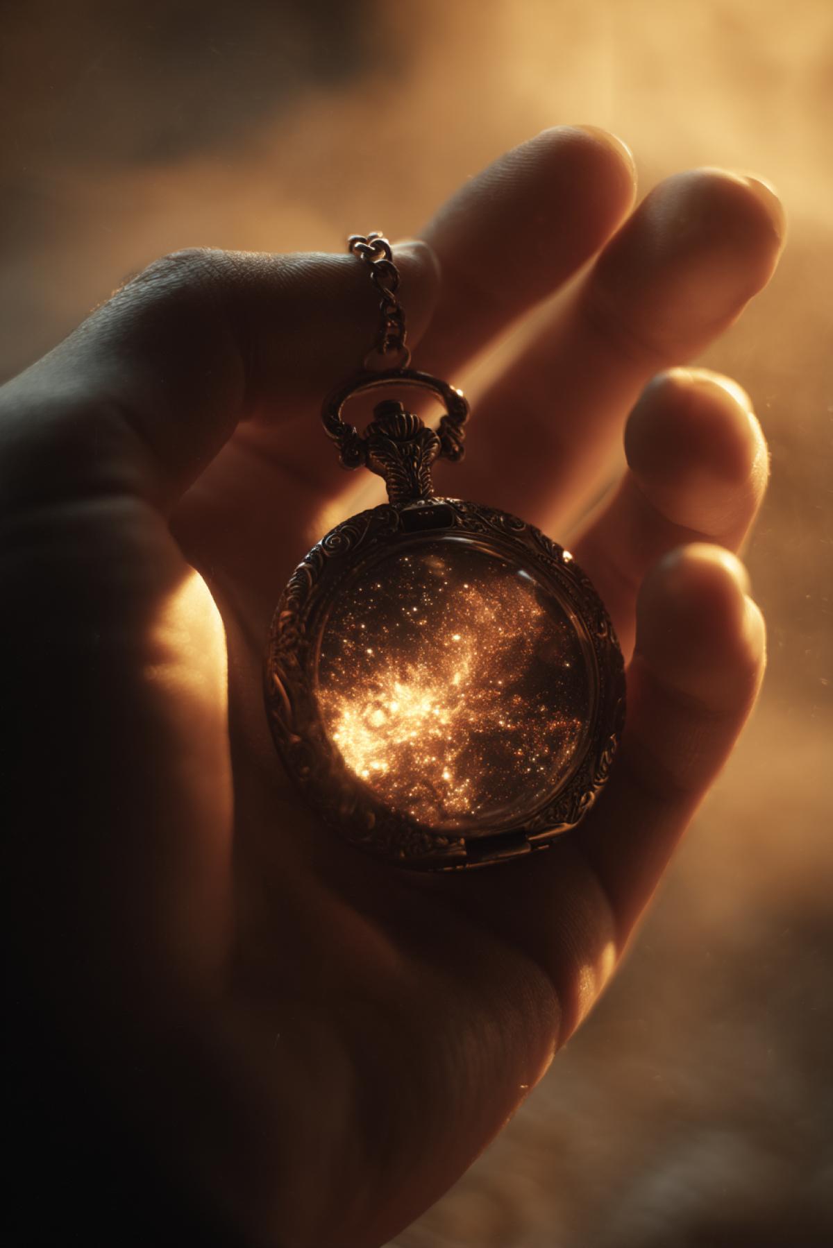 A mysterious person holding an ornate locket in their hand, open to reveal a miniature glowing galaxy inside, warm golden hour light casting dramatic shadows, moody and magical atmosphere