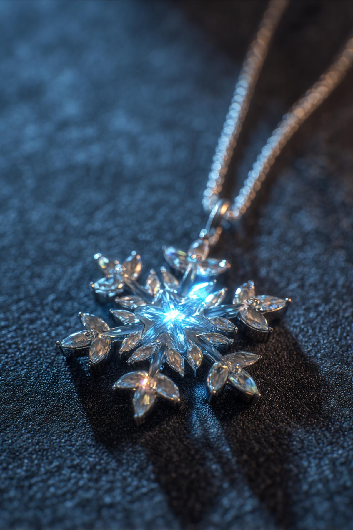 A pendant shaped like a snowflake, made of crystal and platinum, delicate and glowing with icy blue light, placed on dark velvet, extreme close-up, elegant luxury aesthetic