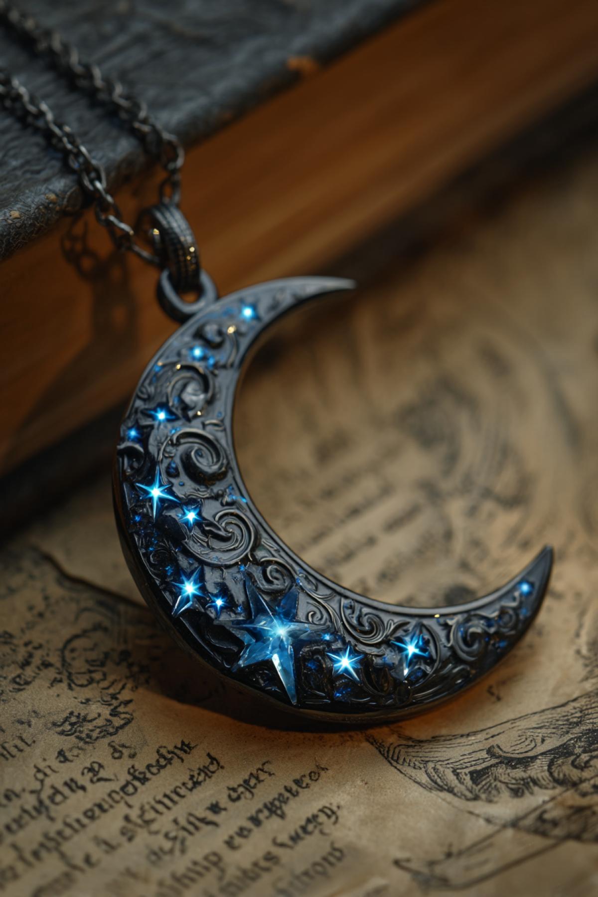 A crescent moon-shaped pendant made of obsidian and silver, inlaid with glowing blue topaz stars, resting on ancient parchment, mystic fantasy style