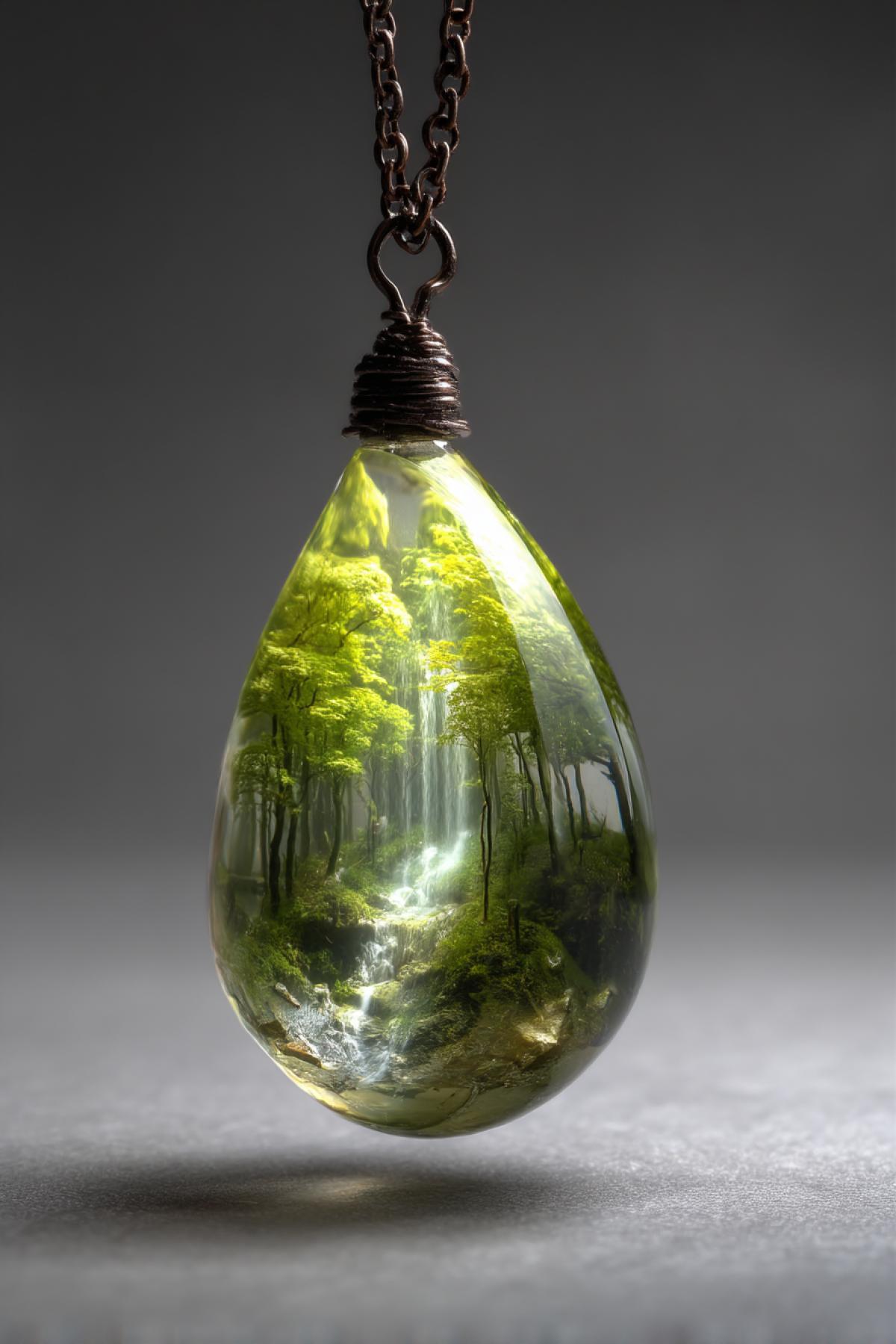 An antique glass pendant with a miniature forest and waterfall inside, light refraction through the curved surface, nature captured in jewelry, whimsical and enchanting