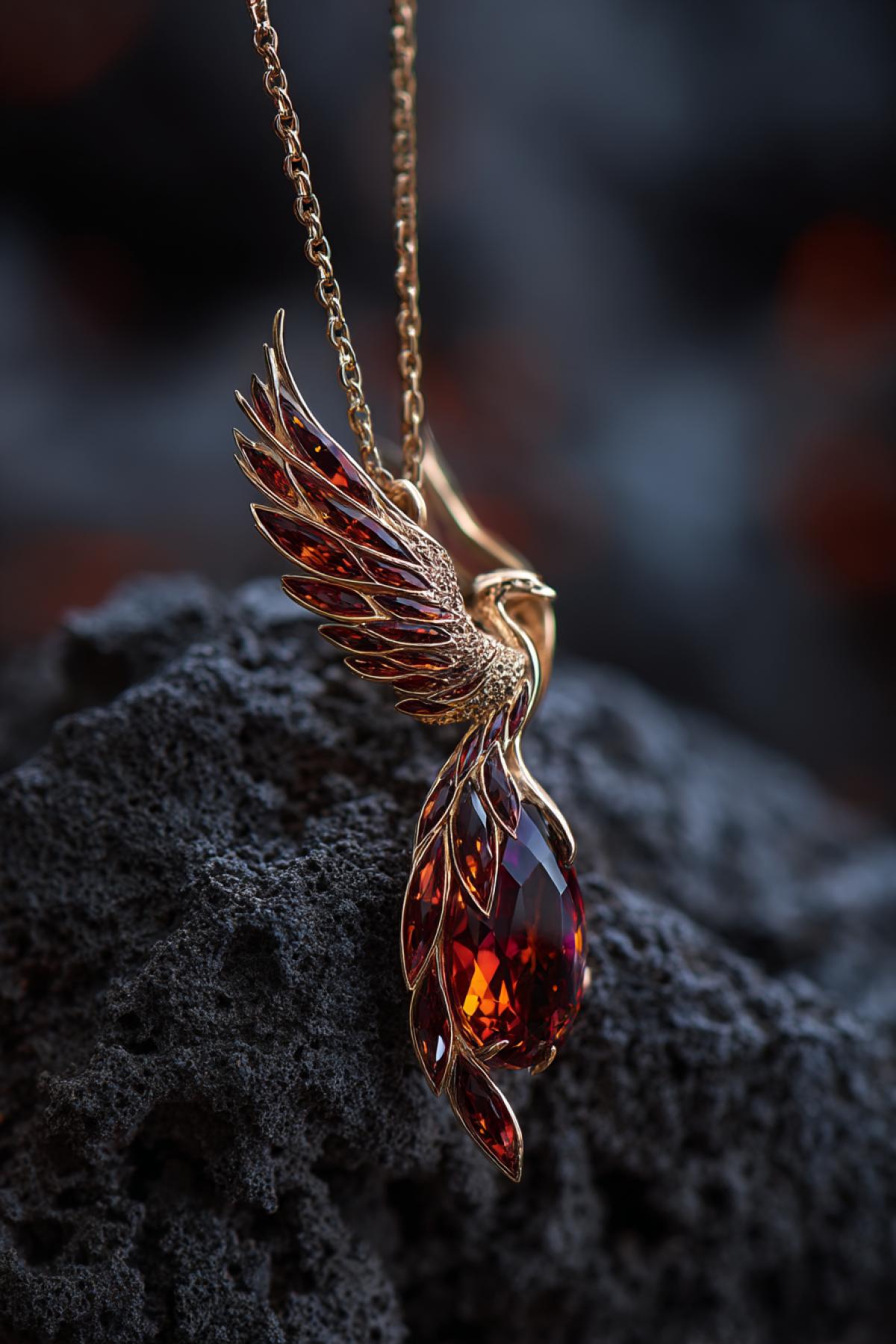 A phoenix-shaped pendant in mid-flight, crafted from red gold and garnet, firelight reflections on polished feathers, placed on volcanic rock, magical realism