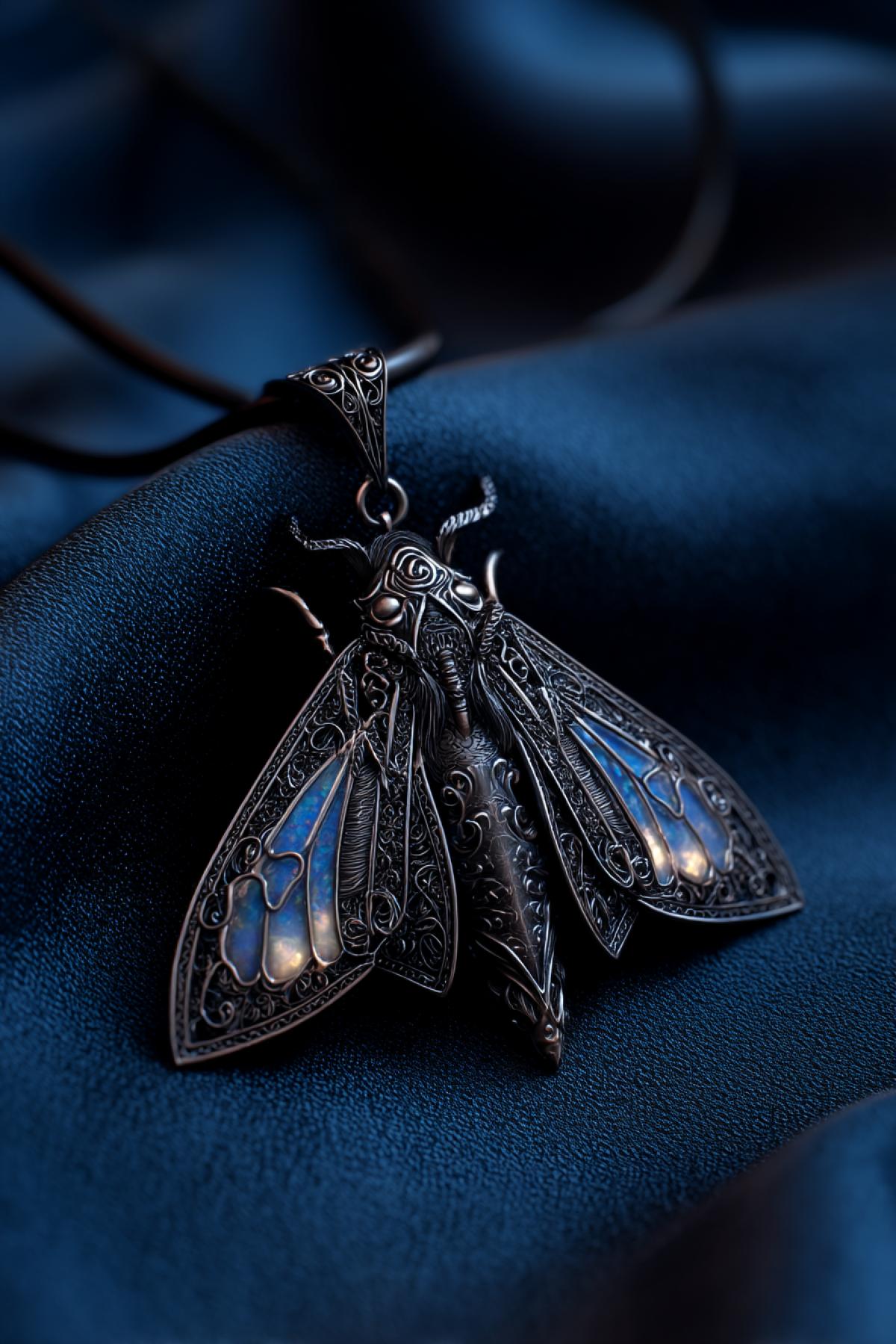 A luxurious pendant in the shape of a moth, made of dark silver and opal, wings outstretched with fine filigree detail, glowing softly with inner light, laying on deep blue silk, fantasy realism style