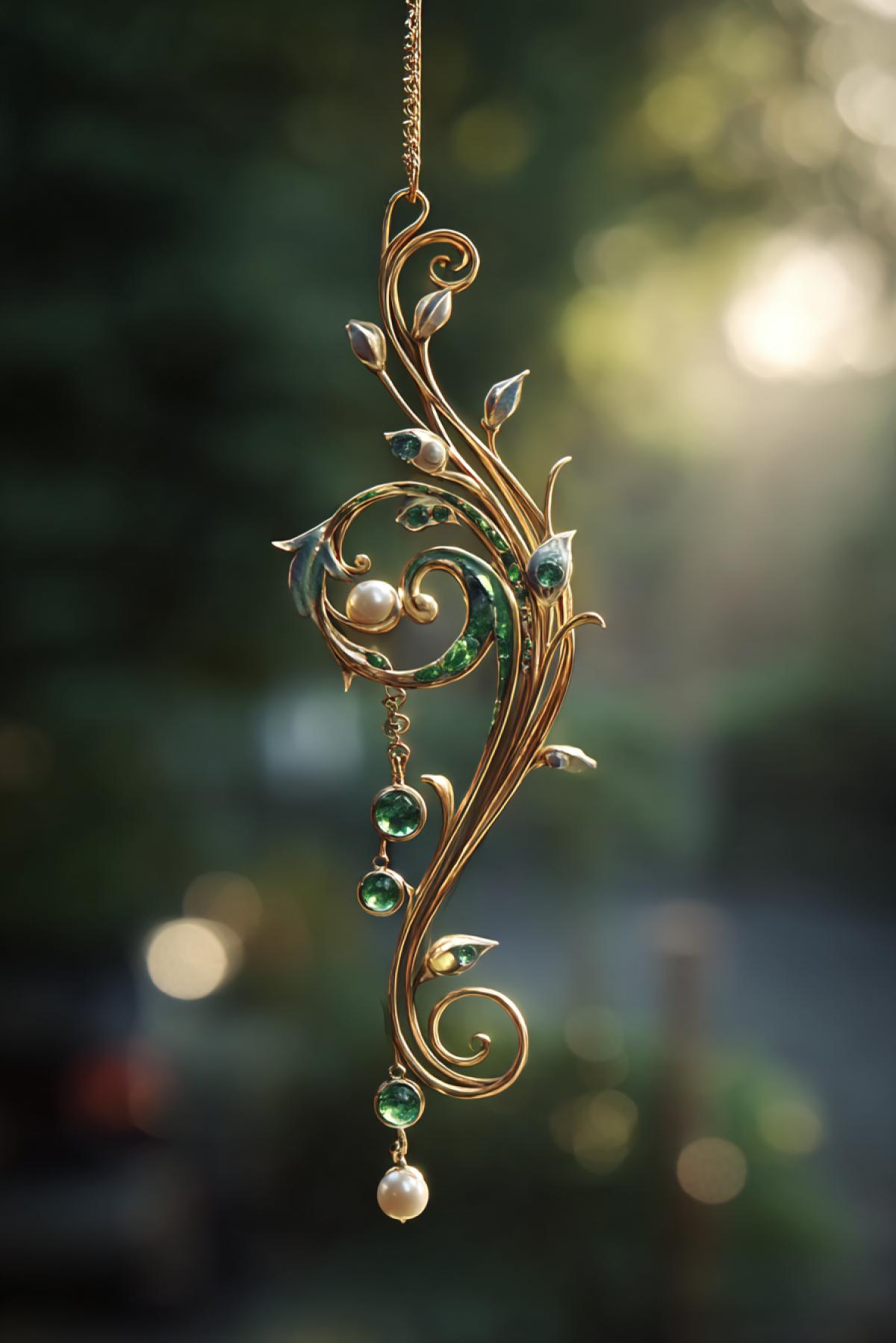 An intricate art nouveau pendant shaped like a curled vine, with emeralds and pearls, hanging in soft sunlight against blurred nature background, magical realism, bokeh, extreme detail