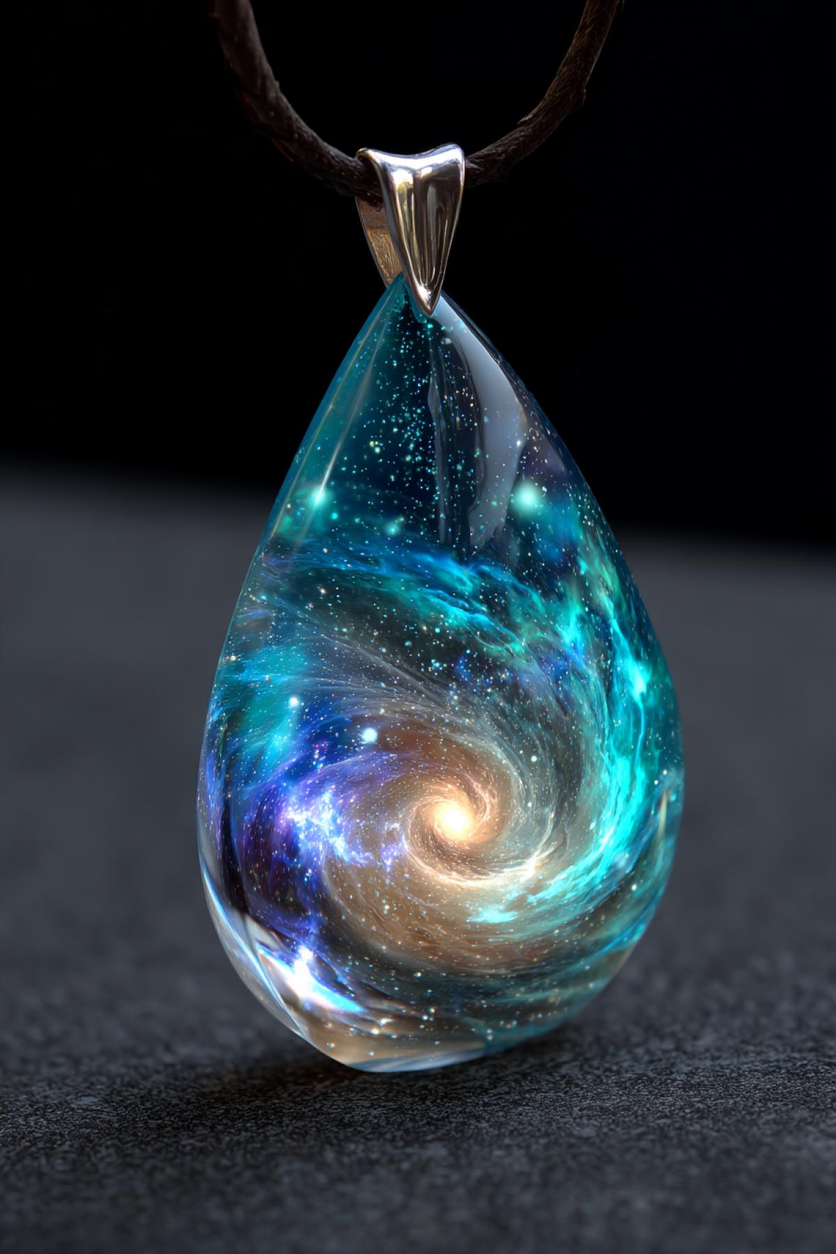 A pendant shaped like a teardrop filled with swirling galaxies, suspended in zero gravity, cosmic light reflections, space fantasy, surreal and