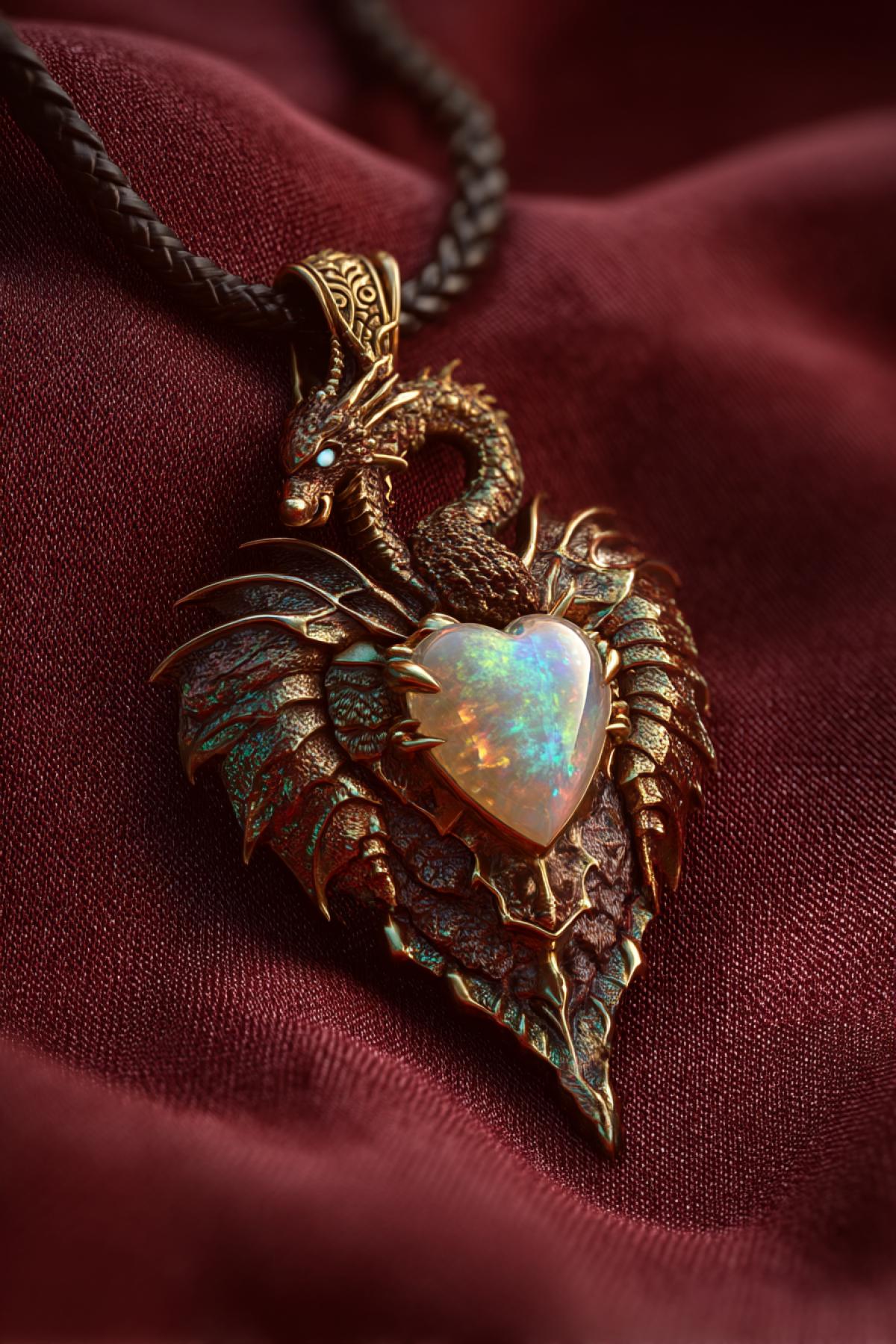 A dragon-winged pendant forged from dark gold and emerald, semi-transparent scales layered with iridescence, claw clutching a luminous white opal heart, set on deep red silk, otherworldly detail and luxurious fantasy