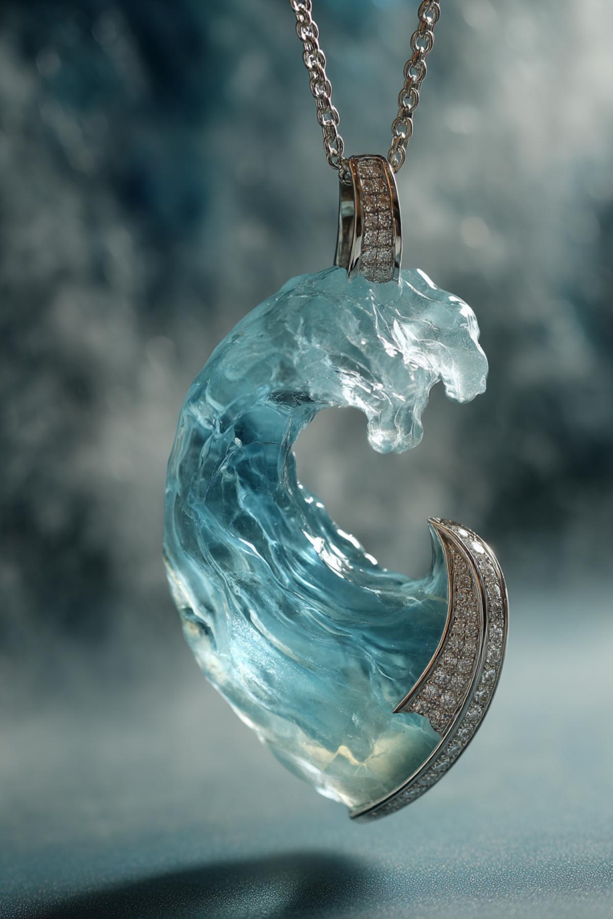 An ocean-inspired pendant shaped like a breaking wave, sculpted from aquamarine and platinum, foam details inlaid with micro diamonds, glowing with internal light, background of soft sea mist