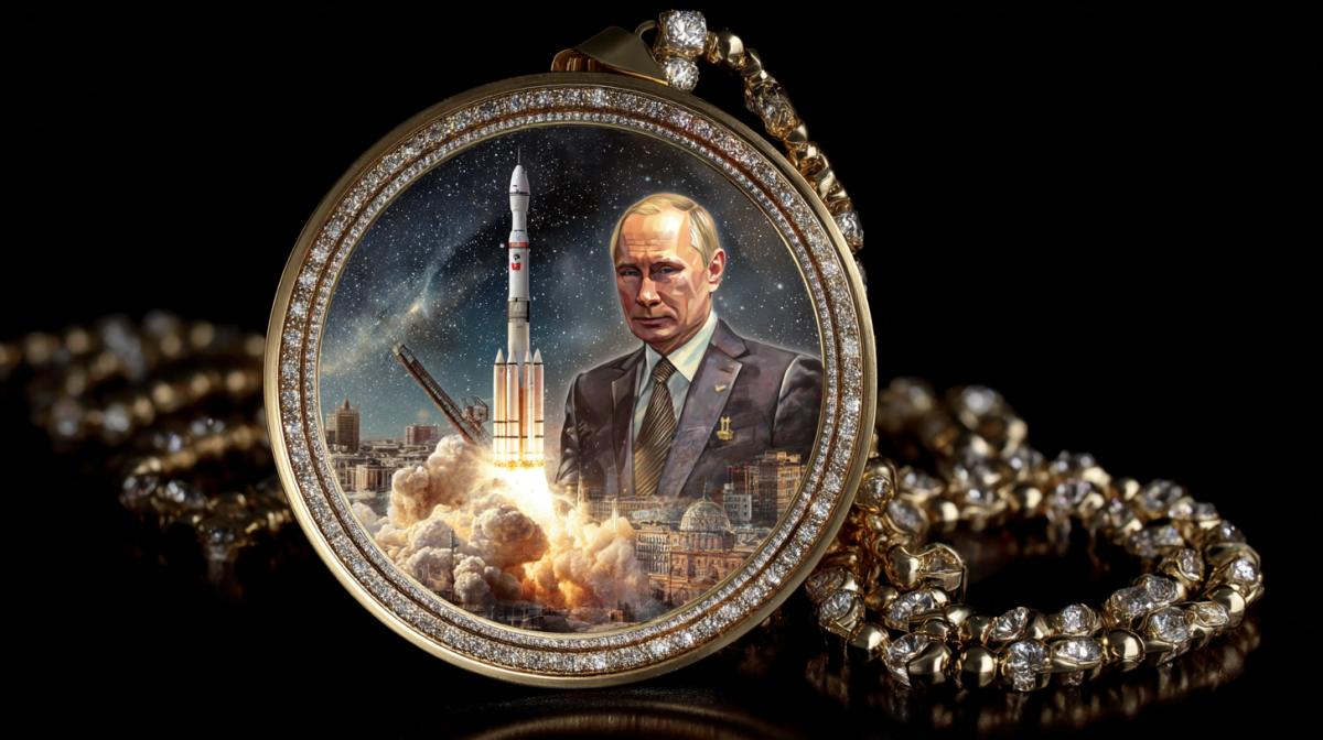Magic Magic Medallion with Vladimir P. russian leaders portrait and rocket on the background, with a chain, glow, crystals magic magic