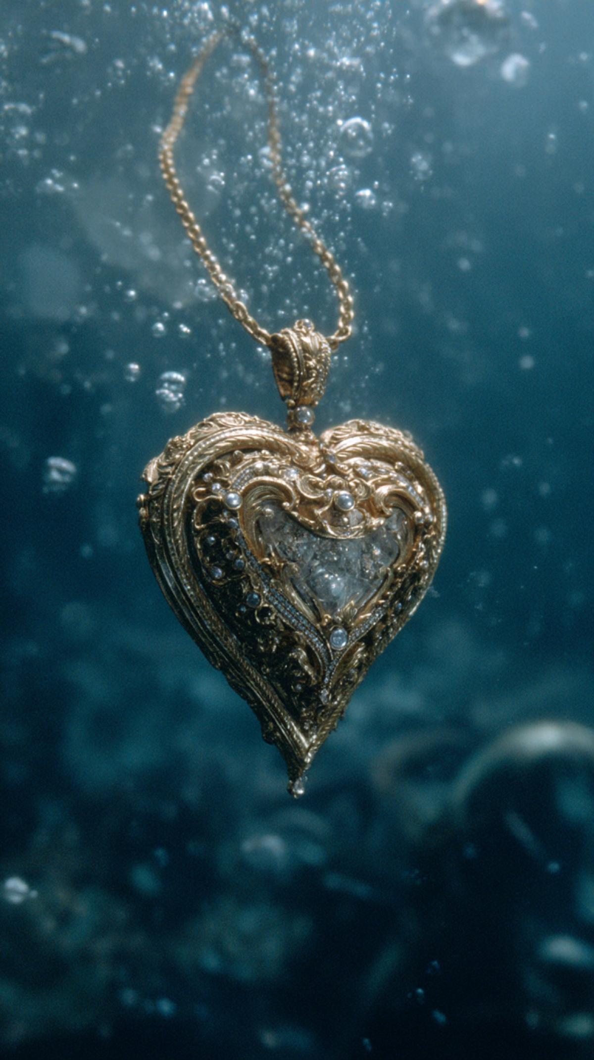 Ocean Heart pendant from the movie Titanic, falls to the bottom of the ocean, still from the movie, cinematic