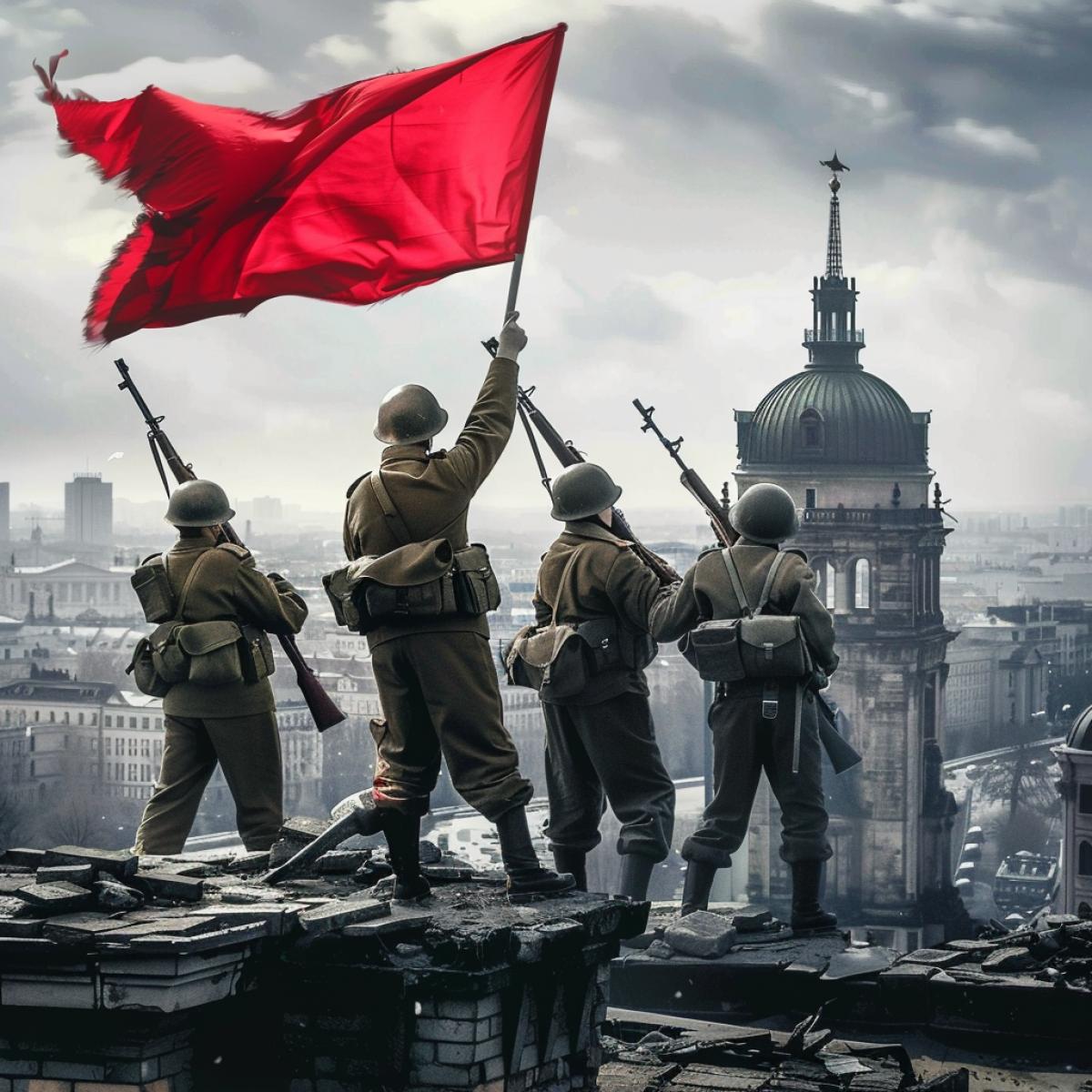 The Great Patriotic War, Berlin, on the roof of the Reichstag, against the backdrop of city ruins, Soviet soldiers brave warriors hoist the red banner of victory, closeup, . . Professional photo, hyperrealism, retouching, epic, realistic, photo in the style of frontline reporters