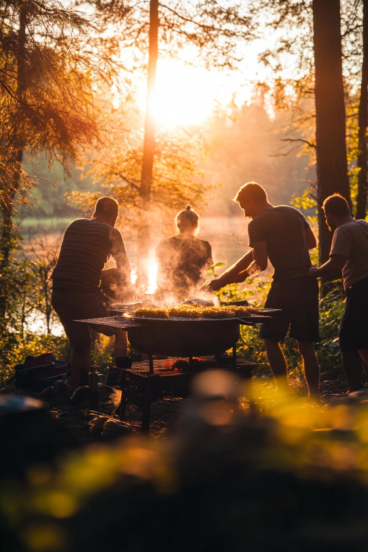 A group of people fries barley on grill. Forest, sun, lake not background
