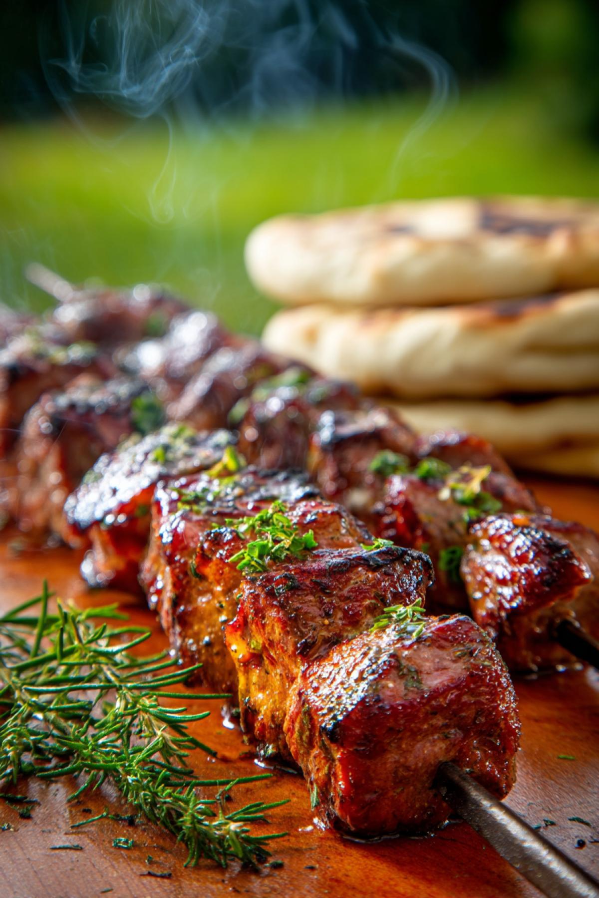Close-up of a perfectly grilled shashlik skewer, glistening meat and vegetables on metal sticks, juicy and steaming, set on wooden table, fresh herbs and flatbread nearby, blurred green meadow in the background, extreme detail, food photography style