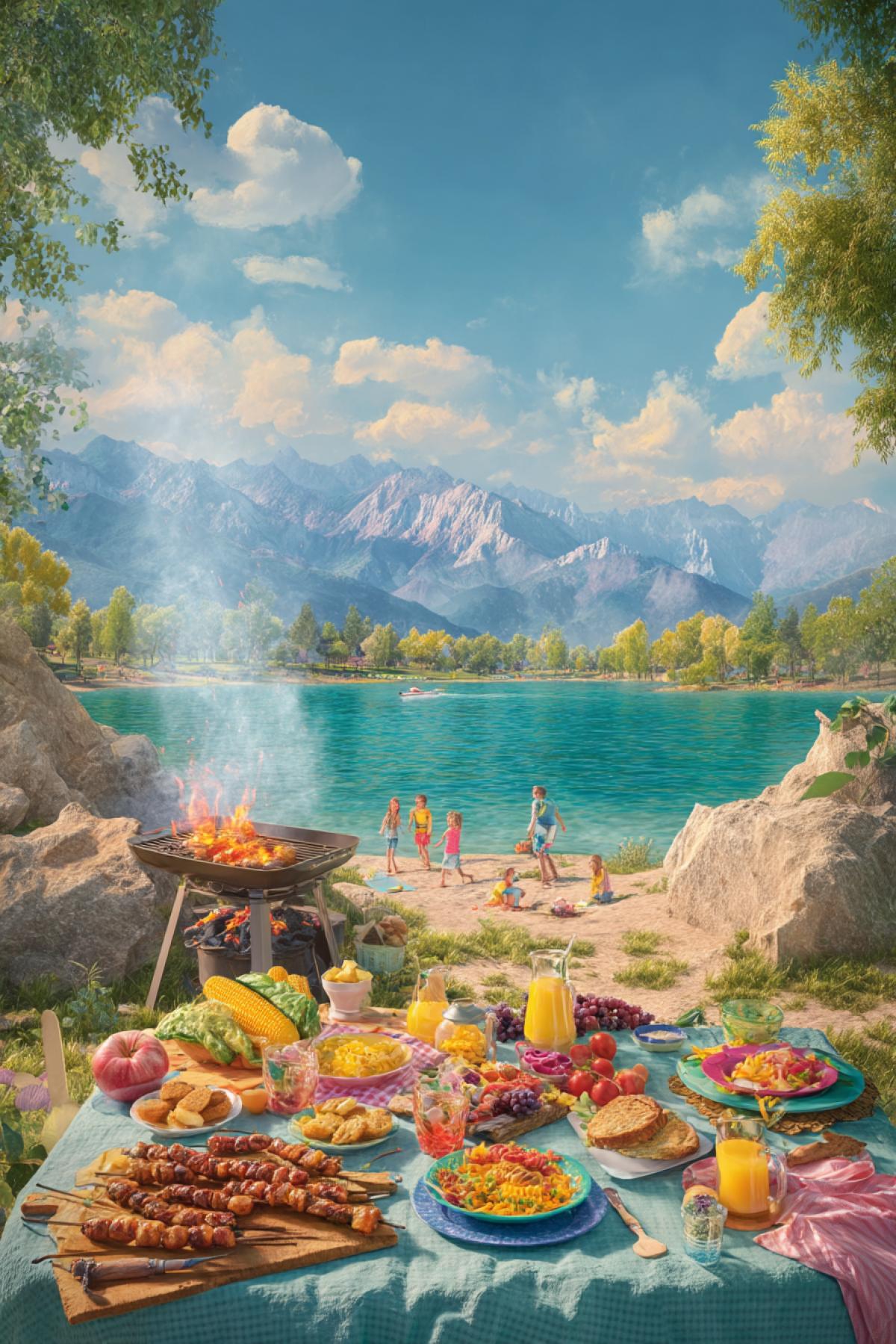 A family picnic by a mountain lake, children playing nearby, table with colorful dishes and fruits, a grill with meat skewers and vegetables smoking slightly, soft clouds in the sky, joyful atmosphere, natural colors