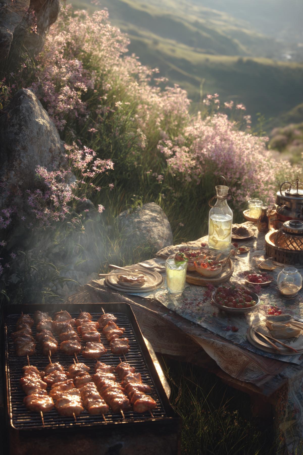 Wild picnic on a flower-covered hill, meat skewers roasting on a portable grill in the foreground, chilled lemonade and berry desserts on a rustic table, sunlight dancing on the dishes, wide natural view, dreamy and detailed