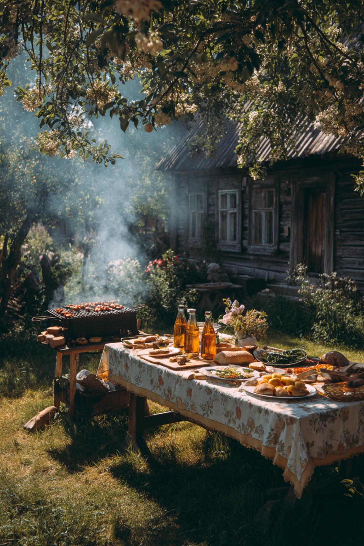 Danim picnic in the backyard of the old wooden cottage, a grill with smoking skewers of barbecue, on the table, greens, cucumbers, bread, kvass in bottles, sunlight through apple trees, cloth tablecloths in a flower