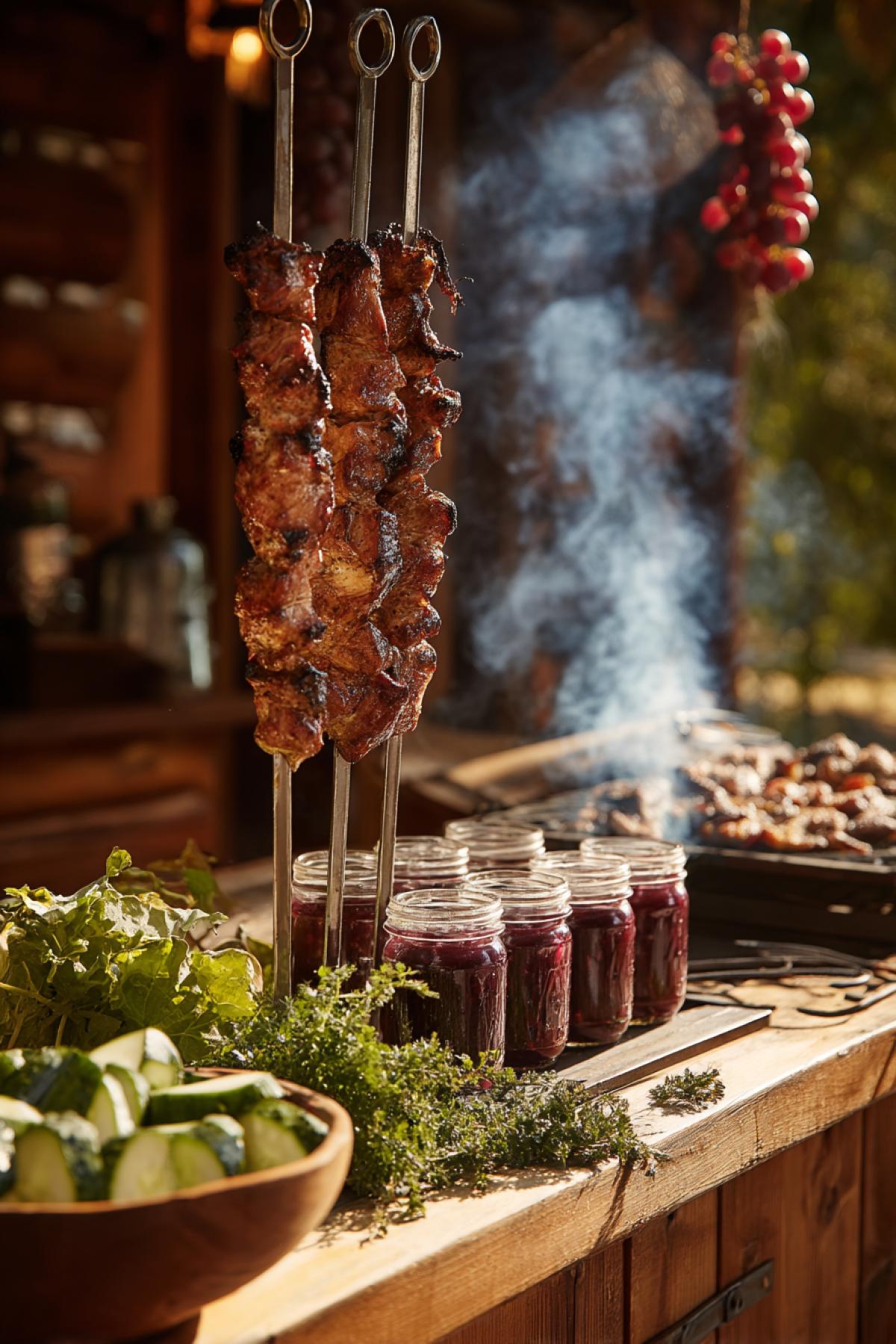 Closeup: Smoking barbecue on metal skewers, against a background a wooden dacha, grapes lead a terrace, next to a bowl with cucumbers and herbs, glass jars with jam, an atmosphere of silence and summer