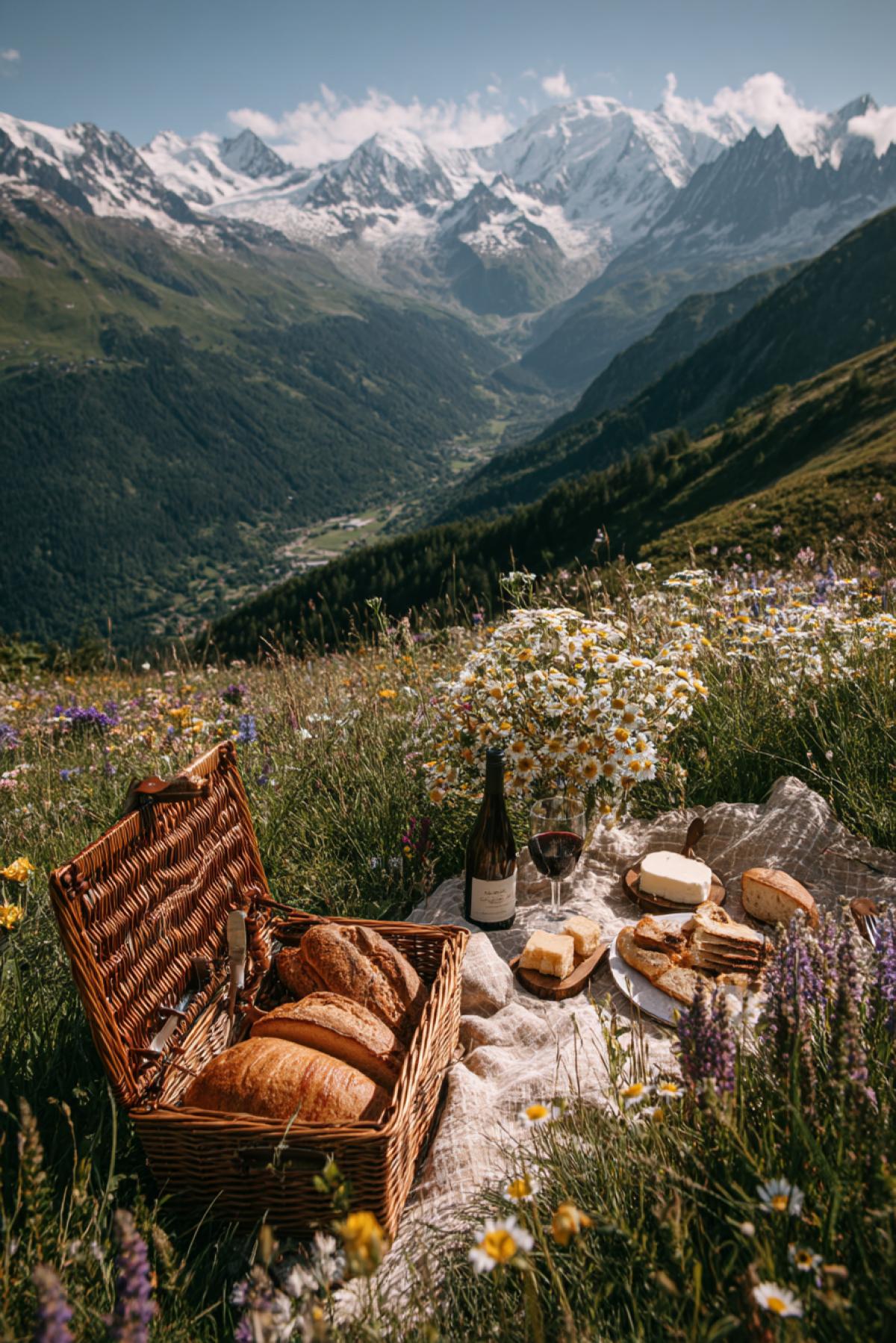 a luxurious picnic on a sunlit alpine meadow, surrounded by majestic snow-capped mountains, fresh wildflowers in bloom, a wooden picnic basket with wine, bread and cheese, crystal-clear sky, peaceful, cinematic lighting