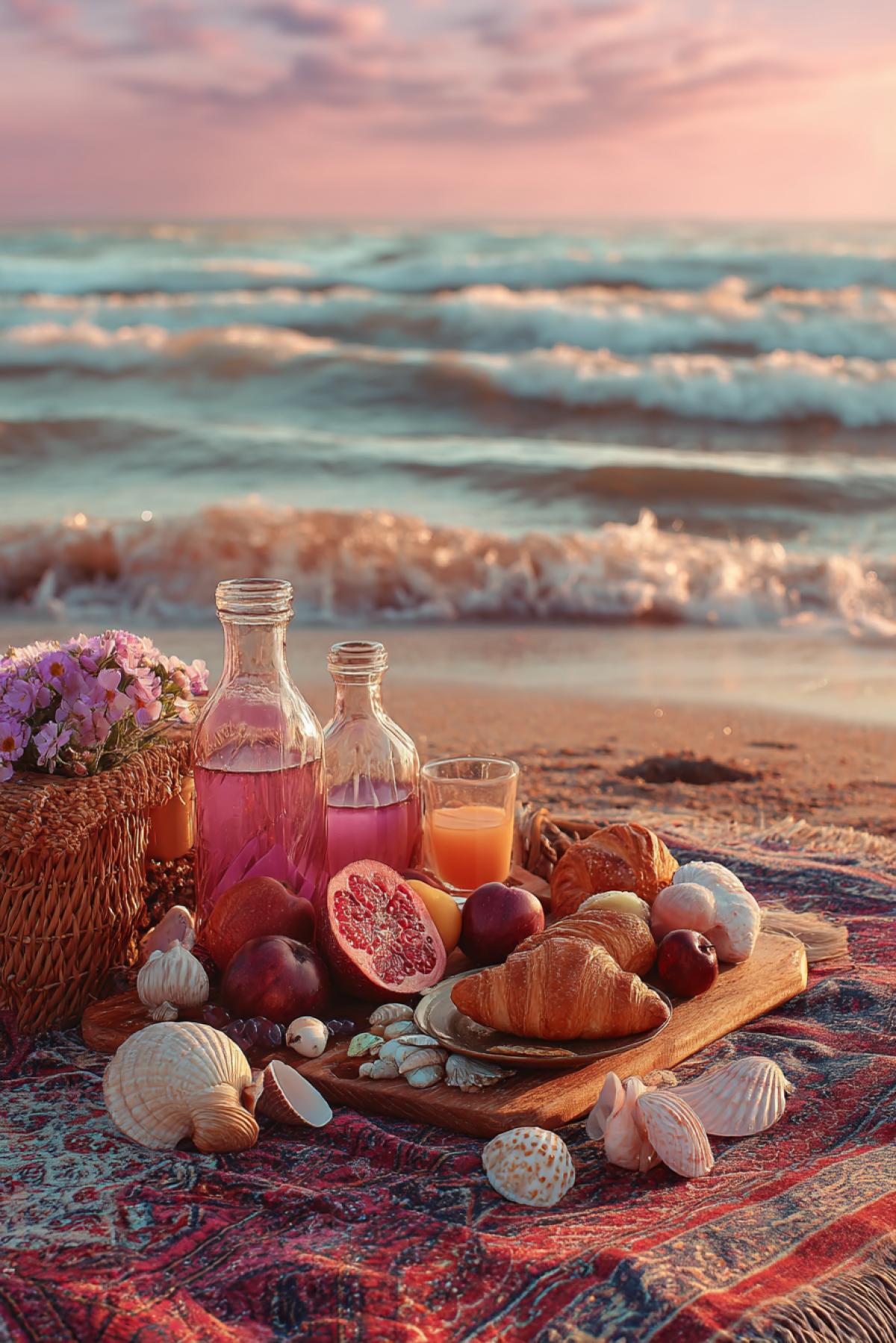 romantic picnic on a sandy beach at sunrise, gentle ocean waves, warm pink light reflecting on the water, tropical fruits on a patterned blanket, croissants, glass juice bottles, seashells, dreamy mood, detailed textures