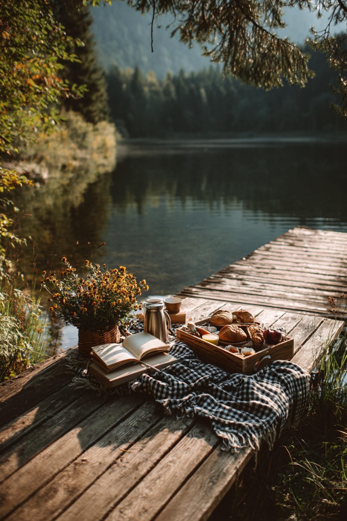 tranquil lakeside picnic in a deep forest, calm water with tree reflections, wooden pier with checkered blanket, thermos, homemade pastries, a couple of books, morning mist and golden light filtering through pines