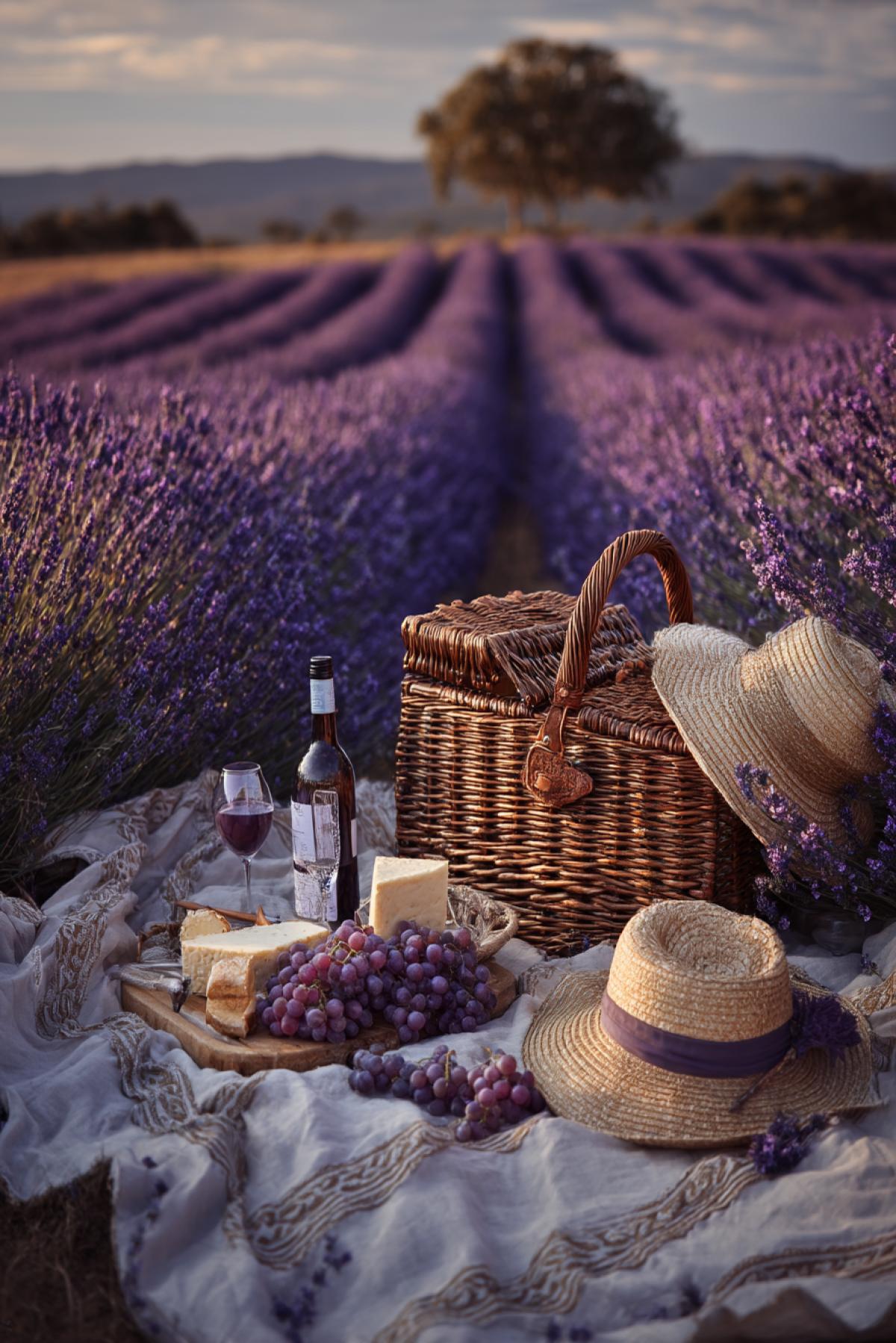 elegant picnic in the lavender fields of Provence, endless rows of blooming violet, vintage picnic basket with wine, grapes and goat cheese, straw hats and linen blanket, dreamy lighting, summer breeze, cinematic com4k