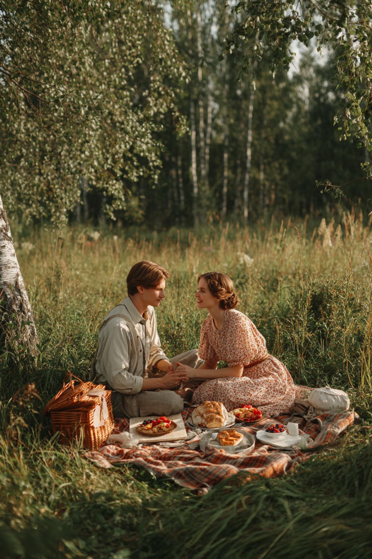 romantic picnic for two in a Russian countryside meadow, couple sitting close on a wool plaid, holding hands, traditional pies, berries, a samovar steaming nearby, birch trees in the background, warm summer evening light, gentle smiles, vintage clothing, soft cinematic mood