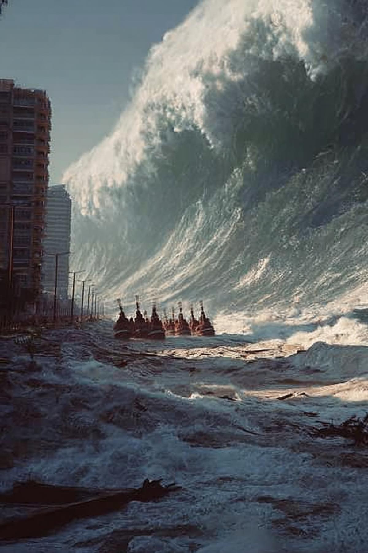 A big wave covered the coastal city. Chaos and destruction.