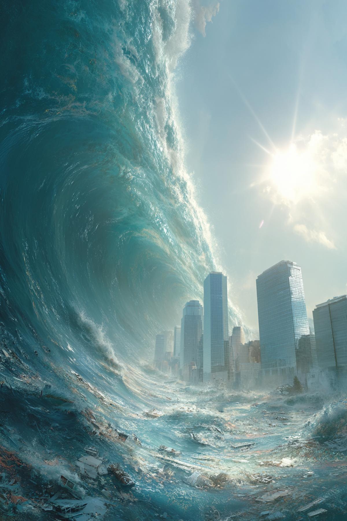 massive tsunami wave, towering like a wall of liquid glass, rushing toward a modern coastal city, skyscrapers dwarfed by its size, debris and foam flying, sunlight piercing the crest, hyperrealistic, cinematic detail