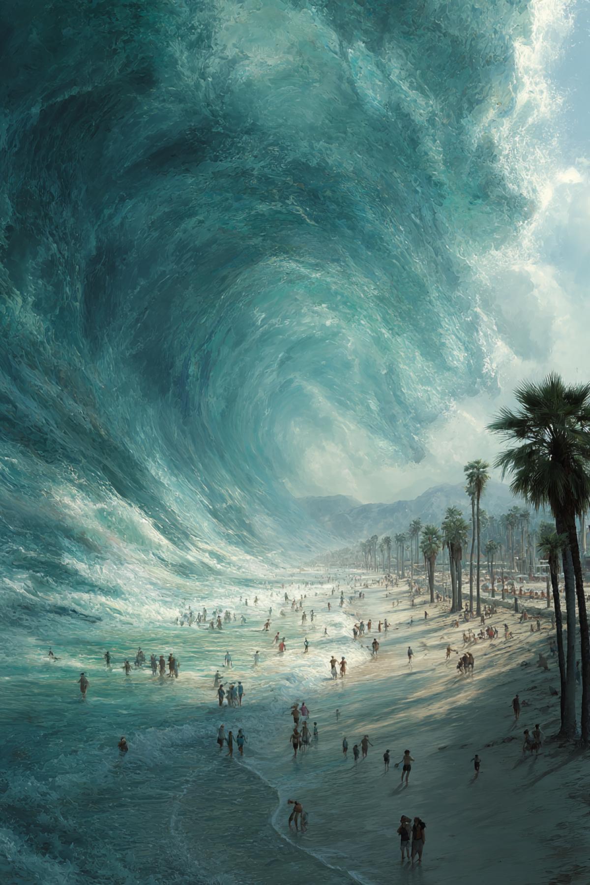 terrified beachgoers flee as a monstrous wave curls over the horizon, palm trees in the wind, sand and water swirling, sense of chaos and urgency, high-detail realism, wide panoramic shot