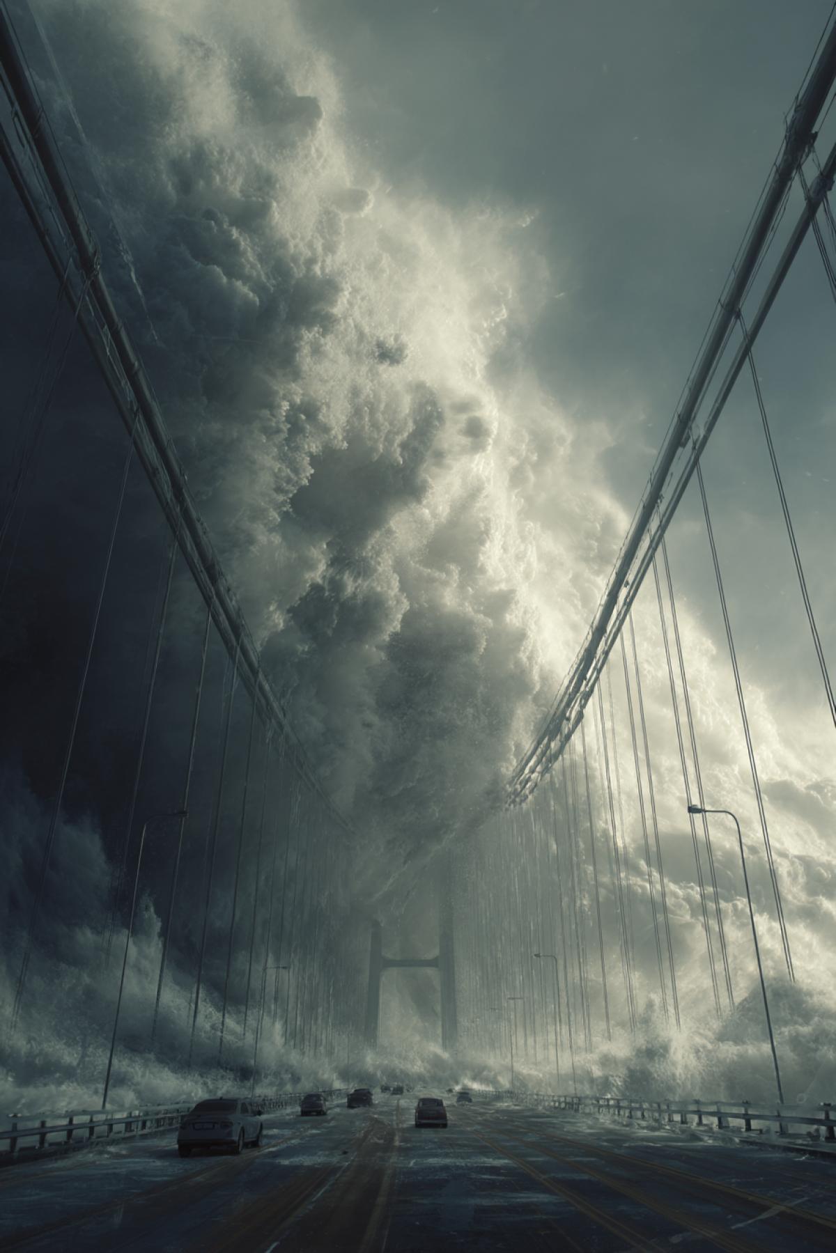 enormous tsunami crashing against a suspension bridge, cars toppling, metal cables snapping, massive scale and dynamic movement, high-impact disaster scene, natural light mixed with storm clouds