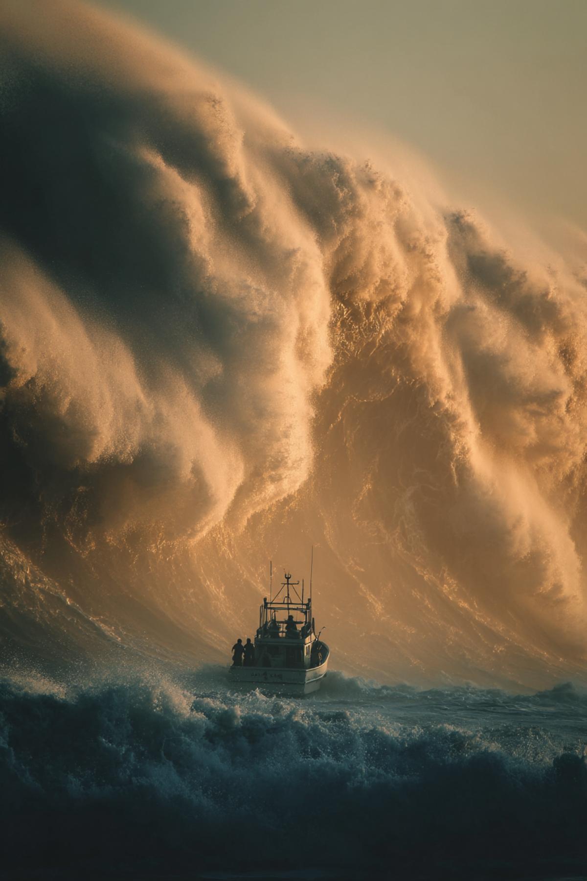 small fishing boat facing a towering tsunami in the open ocean, wave shaped like a mountain, desperate crew on deck, foam and spray captured mid-air, golden-hour lighting, hyperreal and emotional