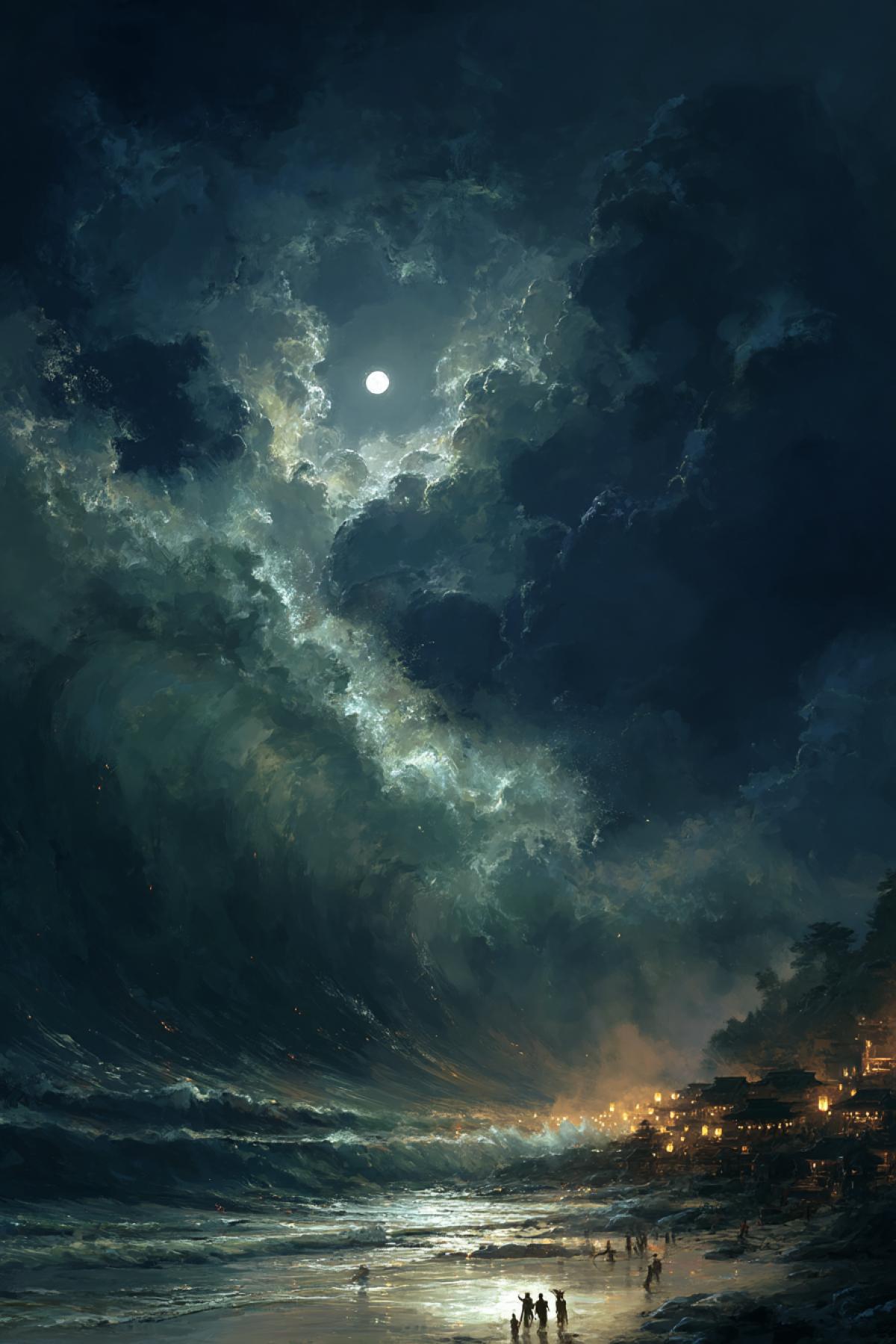 a colossal wave looms in the moonlight, villagers running with lanterns on a shore, dark swirling clouds above, water glistening like oil, eerie and tense, fine brushstroke look, painterly and haunting
