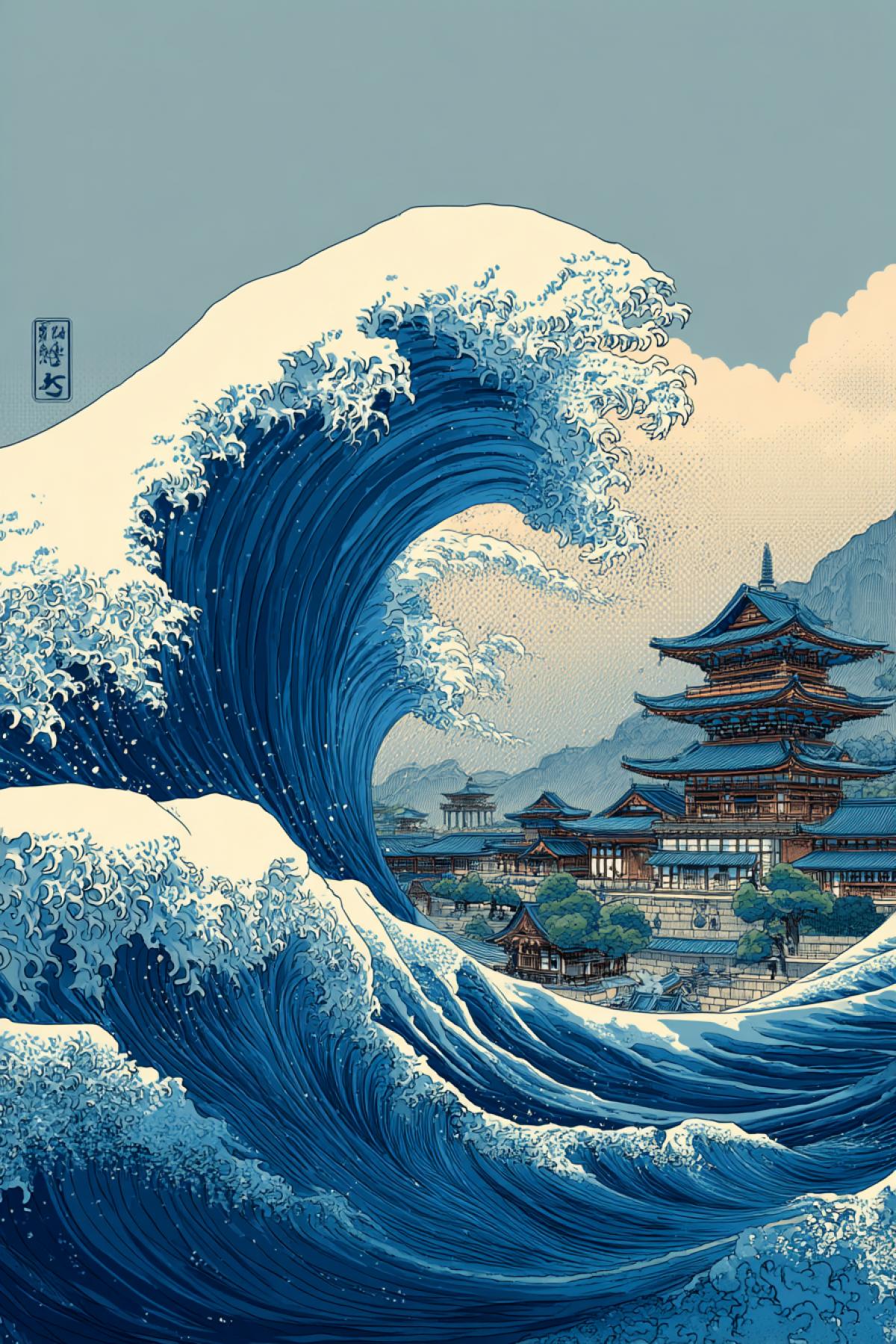 big tsunami wave approaching a coastal Japanese city, inspired by traditional woodblock art, Hokusai style, soft indigo and gray-blue tones, elegant linework, calm sky contrasting the immense wave, minimalistic architecture with pagoda rooftops, tranquil yet ominous atmosphere, fine art aesthetic