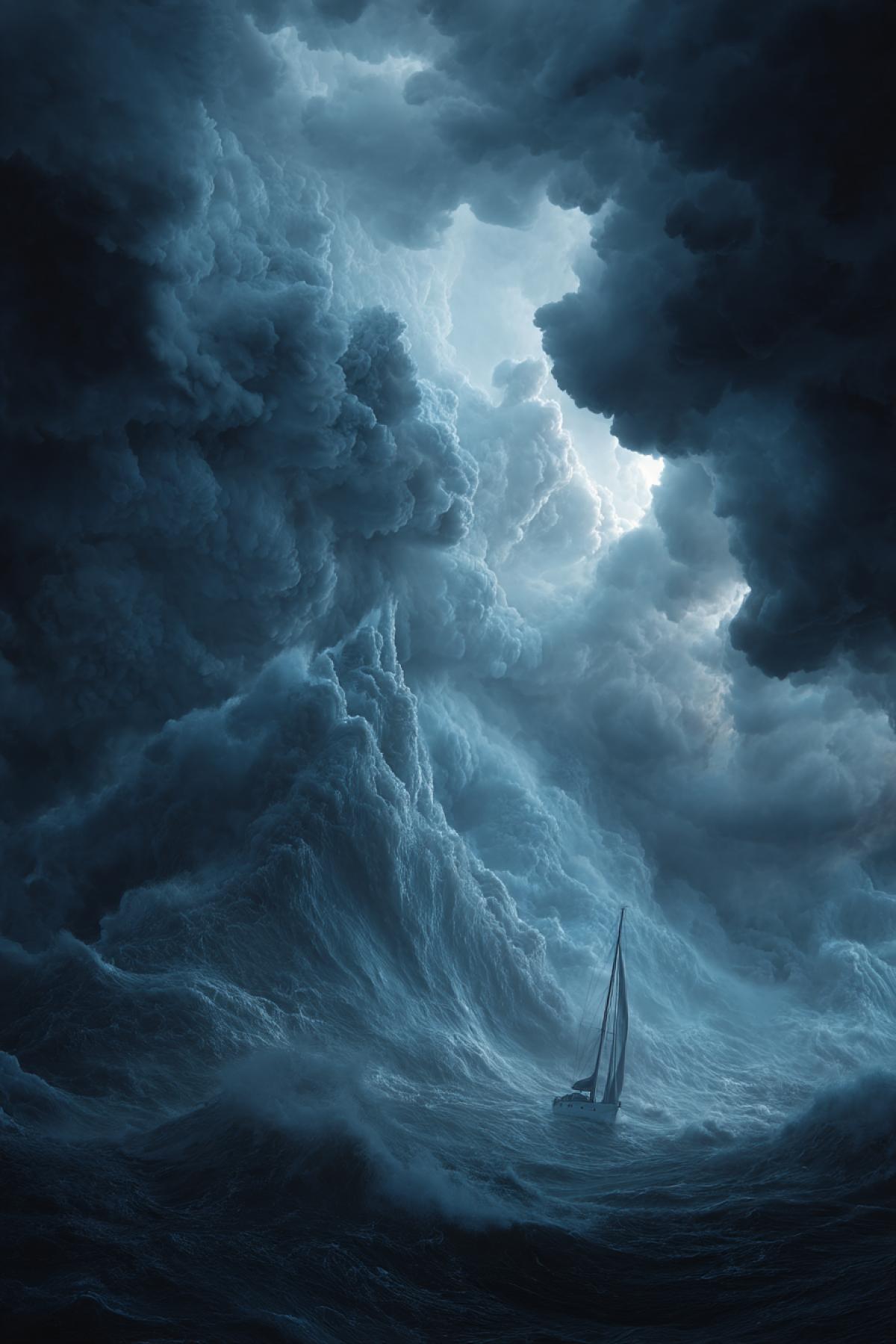 A small yacht on the high seas is hit by a big tsunami wave. Element. Epic. Clouds. Storm. Dramatic lighting.