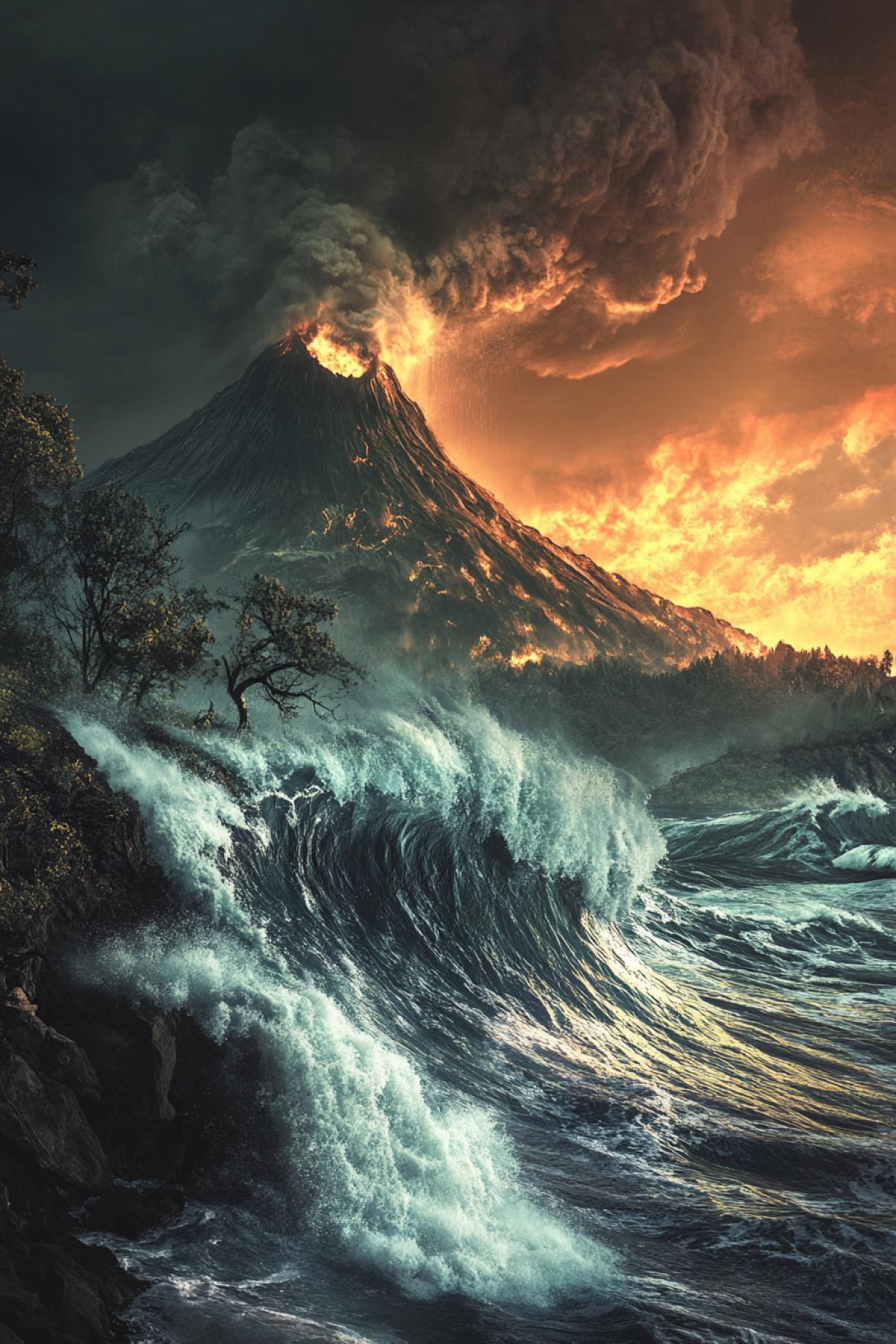 The frightening tsunami approaches the shore, against the background of the volcano and the trees are staggering
