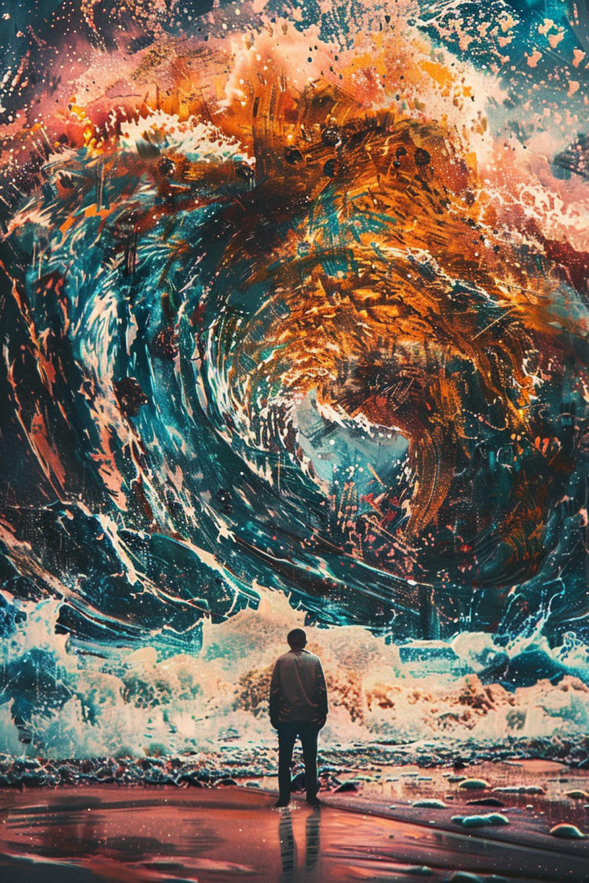 Frightening tsunami wave over my head like wall of water Im scared to death microscopic me in front of this horror high contrast realistic art full colour bright colours